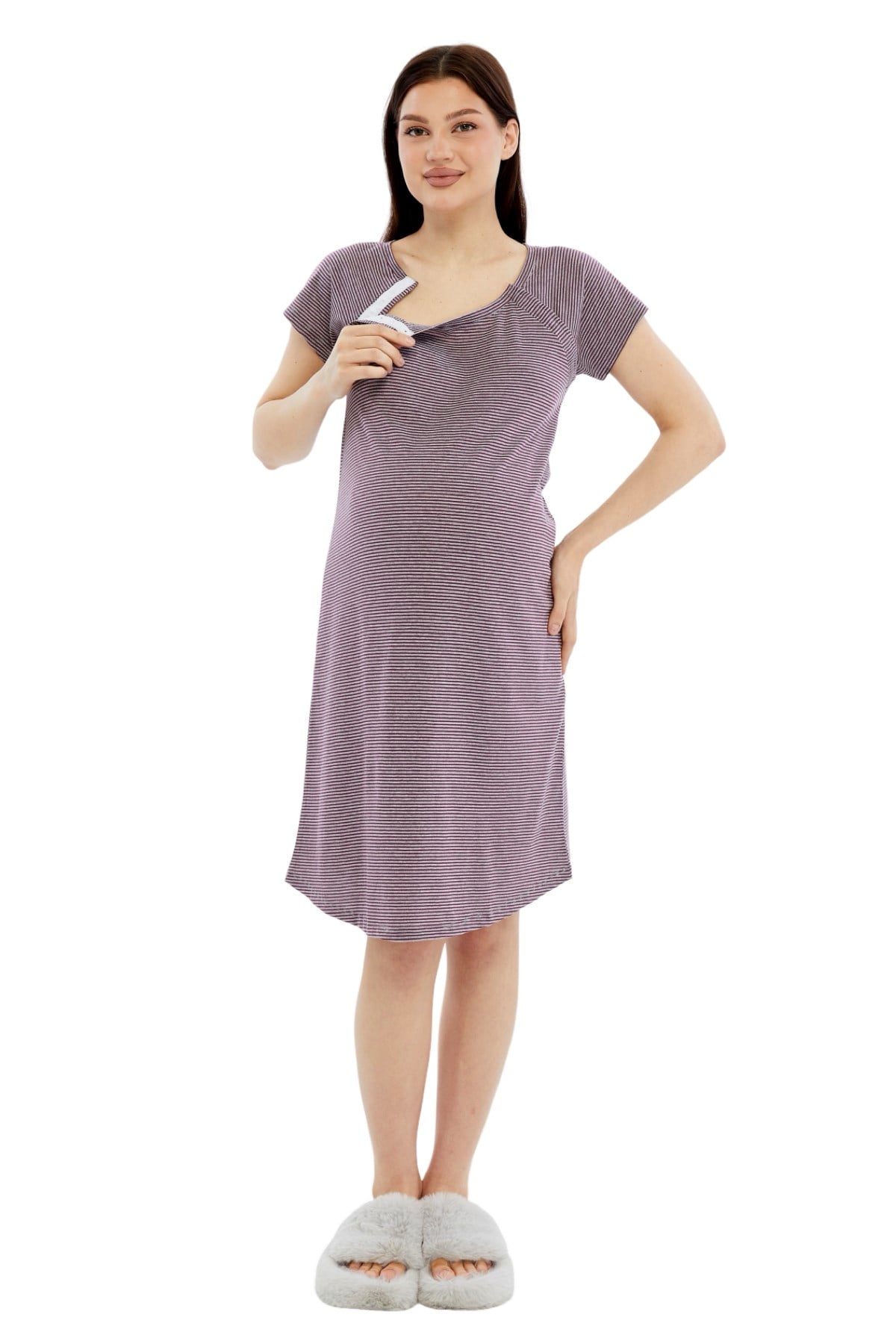 Luvmabelly MYRA9585 Yandan Çıt Çıtlı Hamile Geceliği - Mor Çizgili
