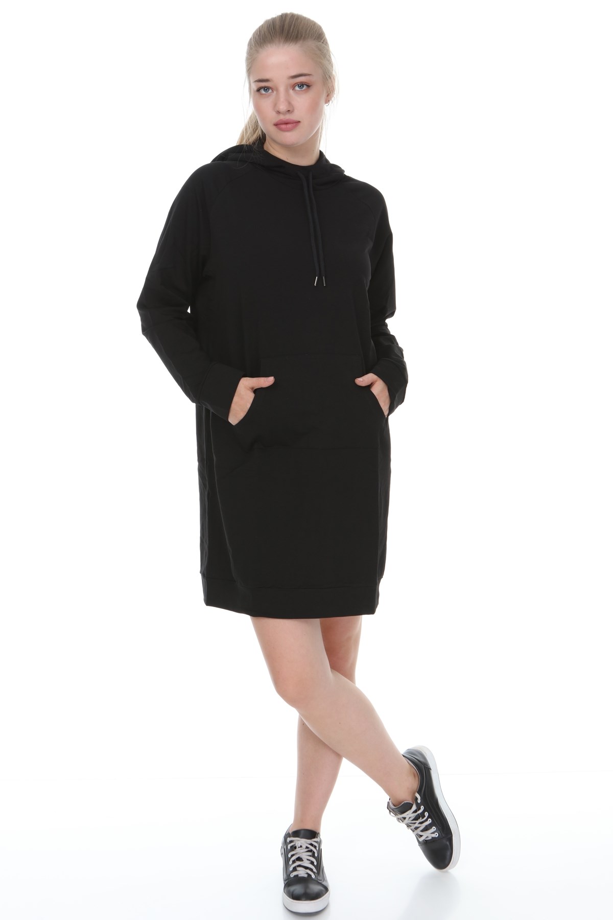 Palena - PLNA4550 - Büyük Beden Kapüşonlu Kanguru Cepli Uzun Sweatshirt - Beden Siyah & Kol Siyah