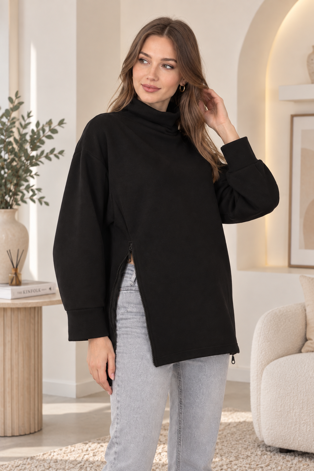 Palena  PLNL4280 Balıkçı Yaka Yan Fermuarlı  Sweatshirt - Siyah 