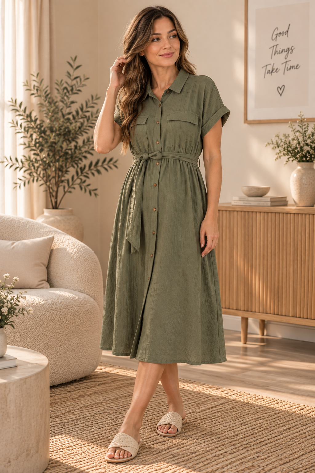 Palena  PLNL5860 – Doğal Müslin Gömlek  Elbise - Yeşil