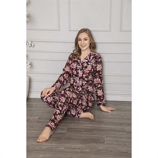 Aydoğan Bordo Çiçek Desenli Poplin Kadın Pijama Takımı