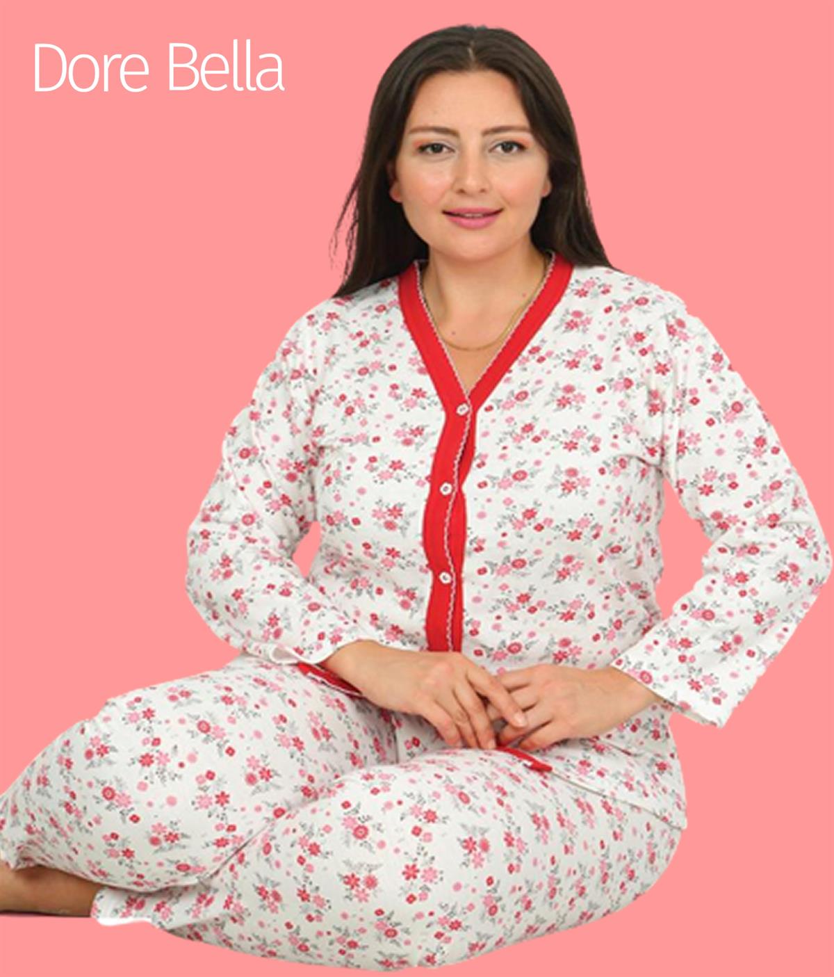 Kadın Büyük Beden Uzun Kol Önden Düğmeli Pijama Takımı İki İplik Anne  Pijaması