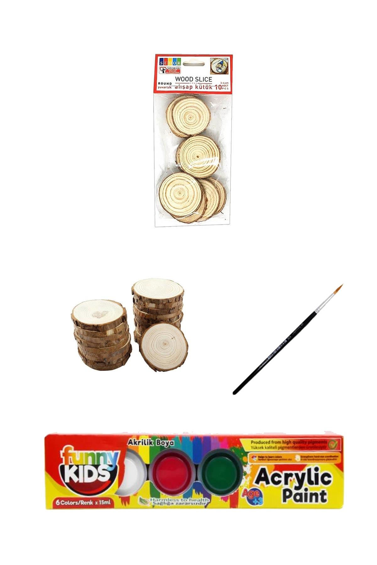 everart Funny Kids Akrilik Boya 6 Renk 15 Ml Südor 5-6 Cm 6'lı Ahşap Kütük Boyama Seti evrts27