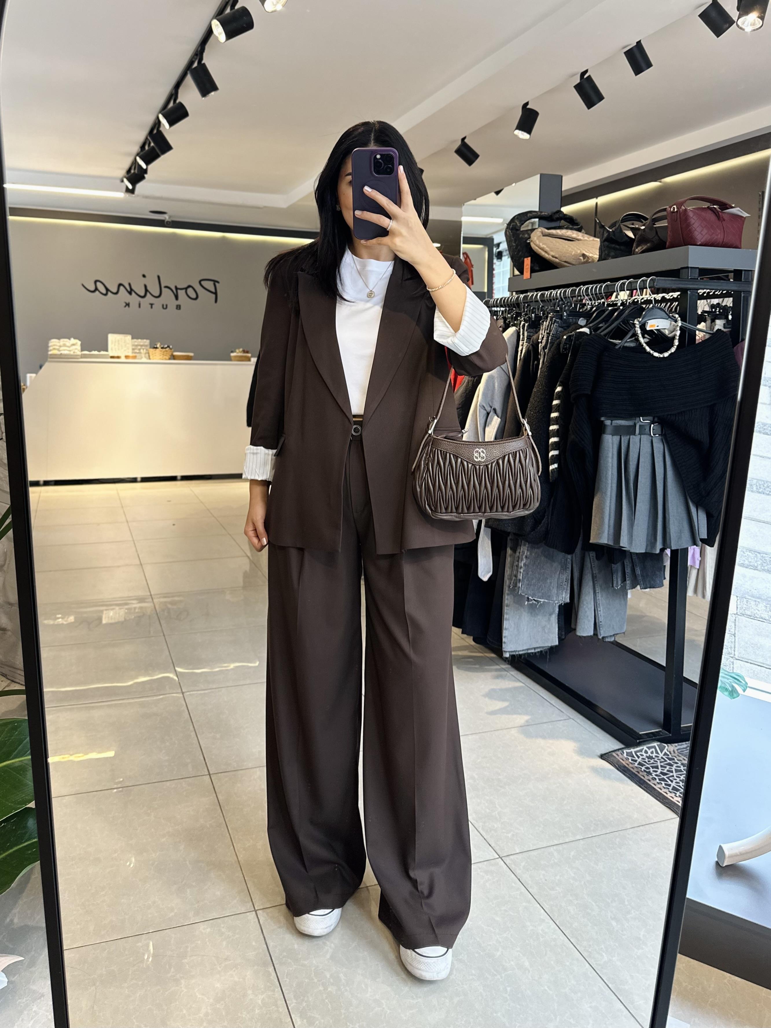 Acı Kahve Çift Pileli Bol Paça Palazzo Pantolon