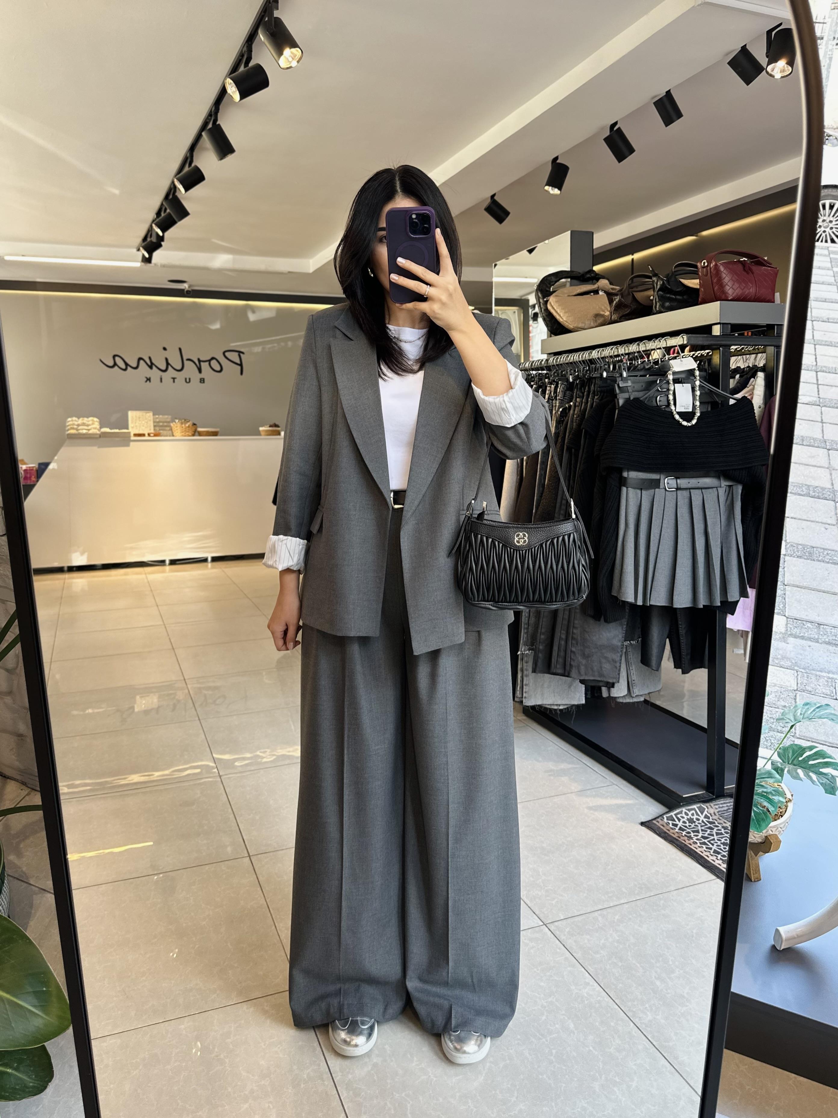 Antrasit Çift Pileli Kemerli Bol Paça Pantolon