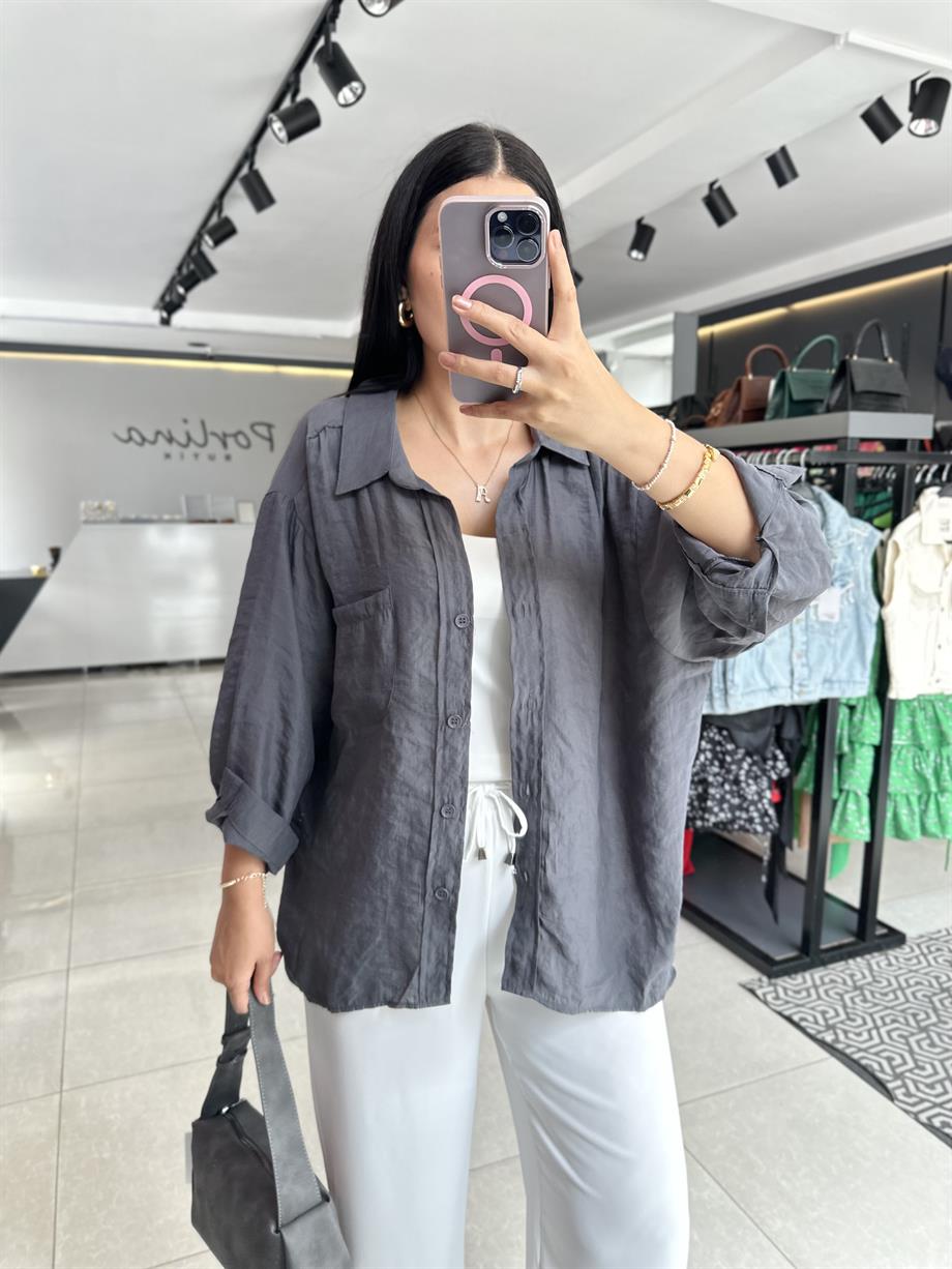 Antrasit Tensel Kumaş Düşük Omuzlu Oversize Gömlek