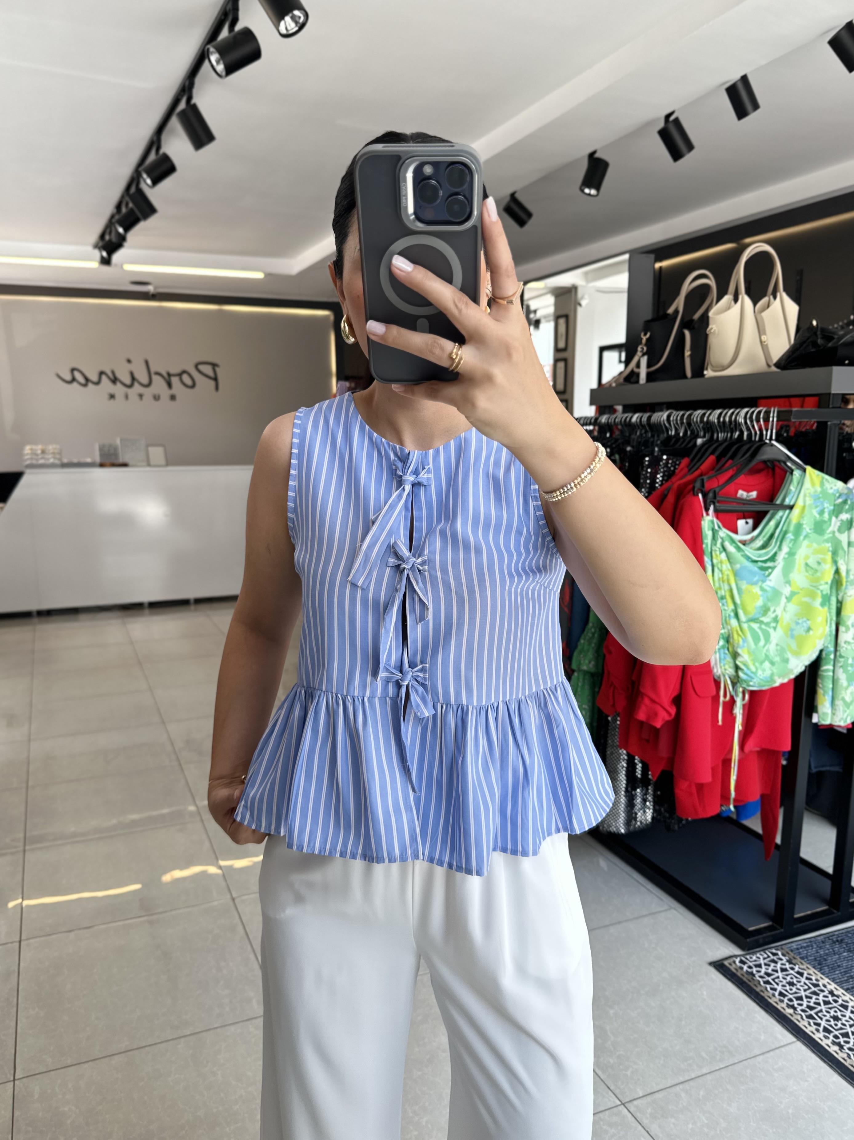 Bebe Mavisi Çizgili Fiyonklu Bluz