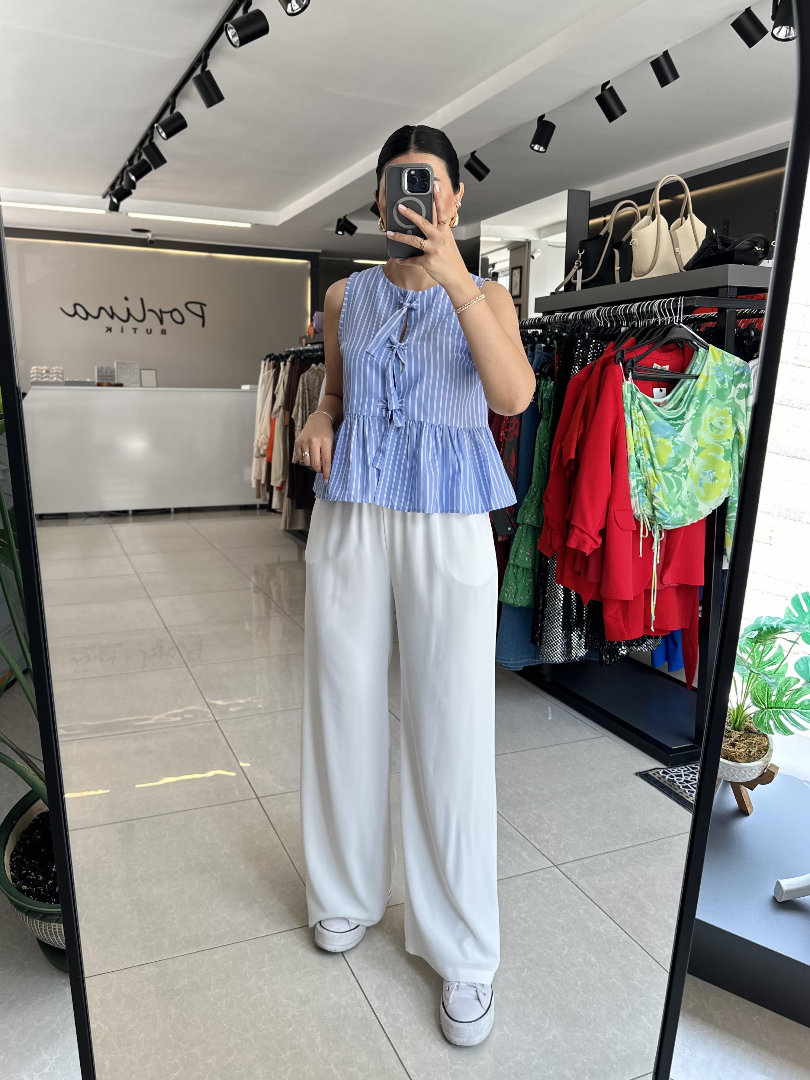 Beyaz Beli Lastikli Bol Paça Pantolon