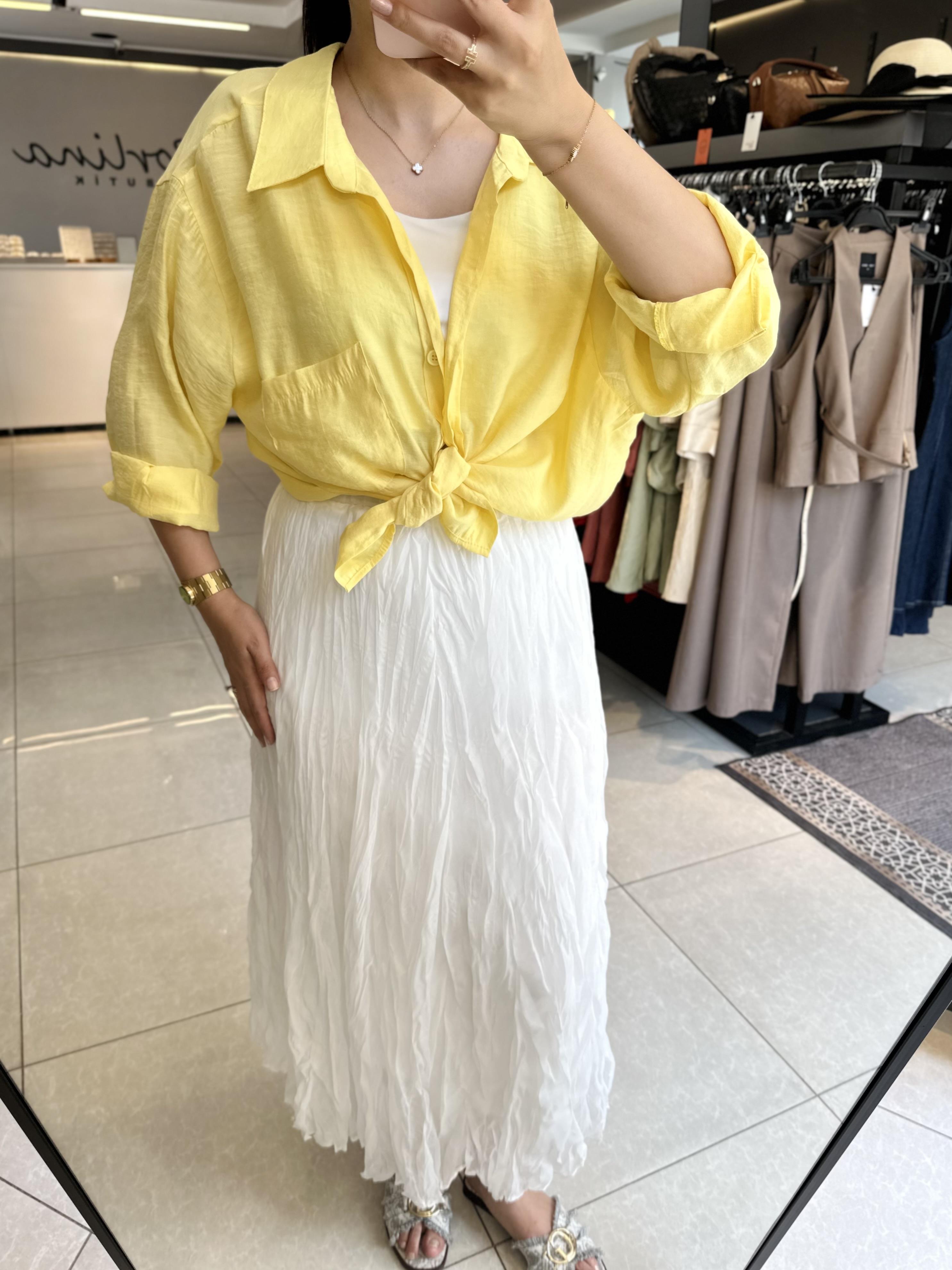 Beyaz Beli Lastikli Midi Boy Kırışık Etek