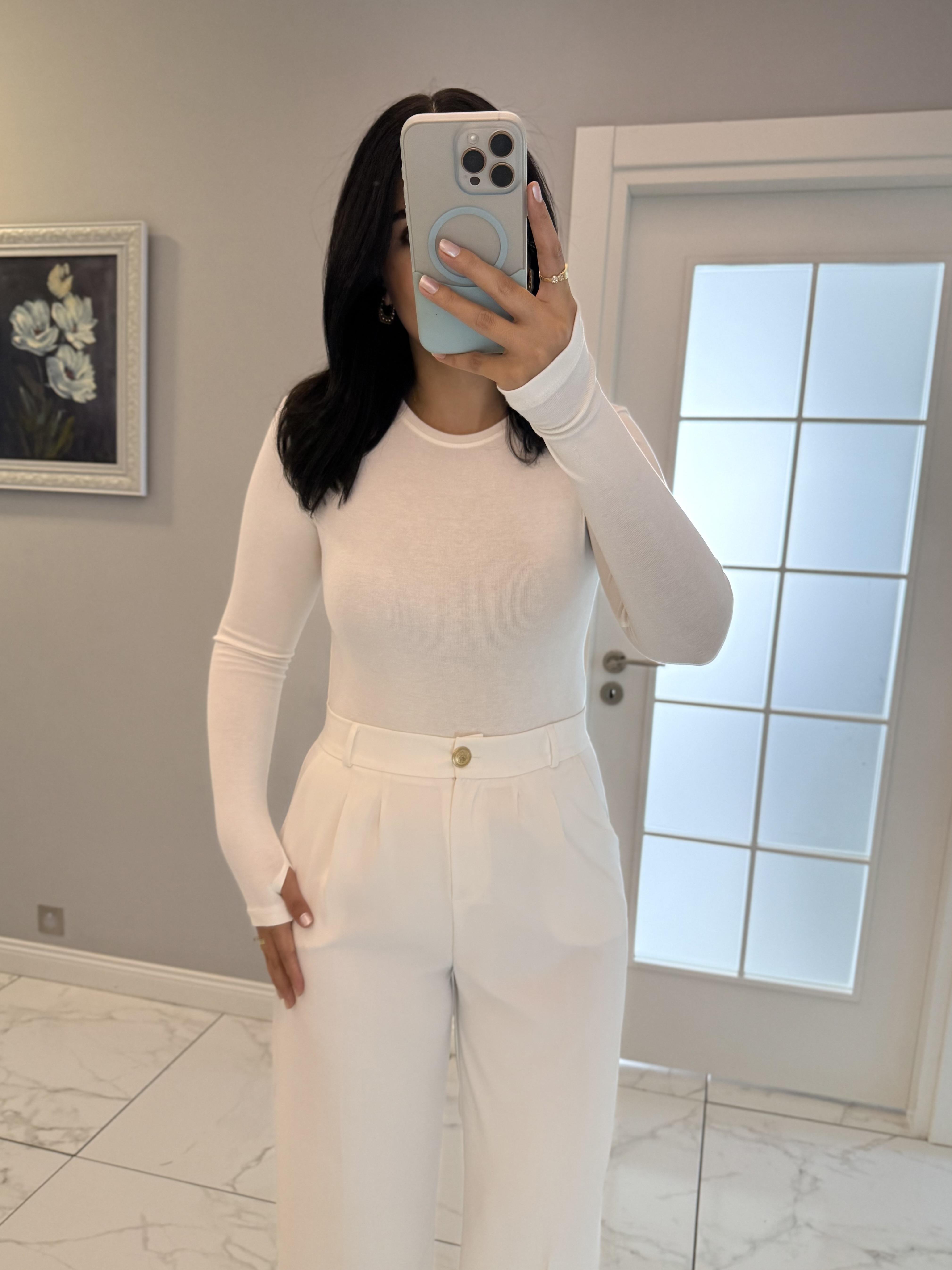 Beyaz Massimo Bisiklet Yaka Parmak Geçmeli Bodysuit