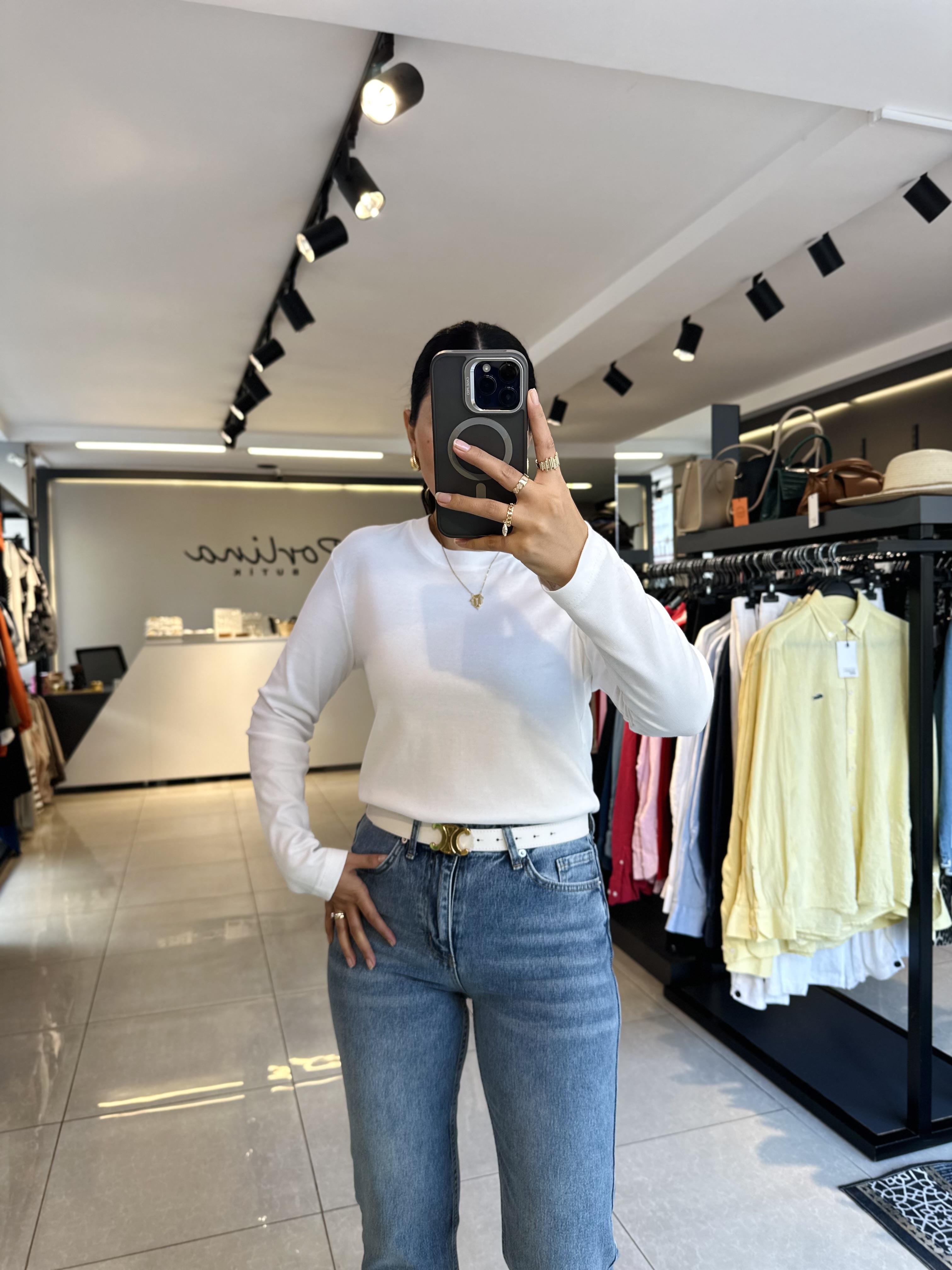 Beyaz Massimo Uzun Kol Basic Bluz