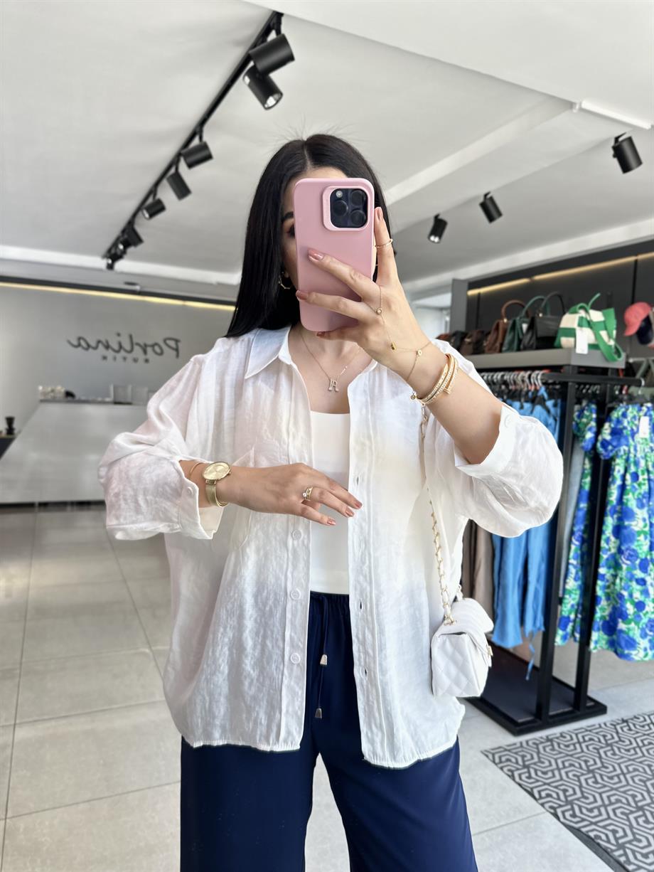 Beyaz Tensel Kumaş Düşük Omuzlu Oversize Gömlek