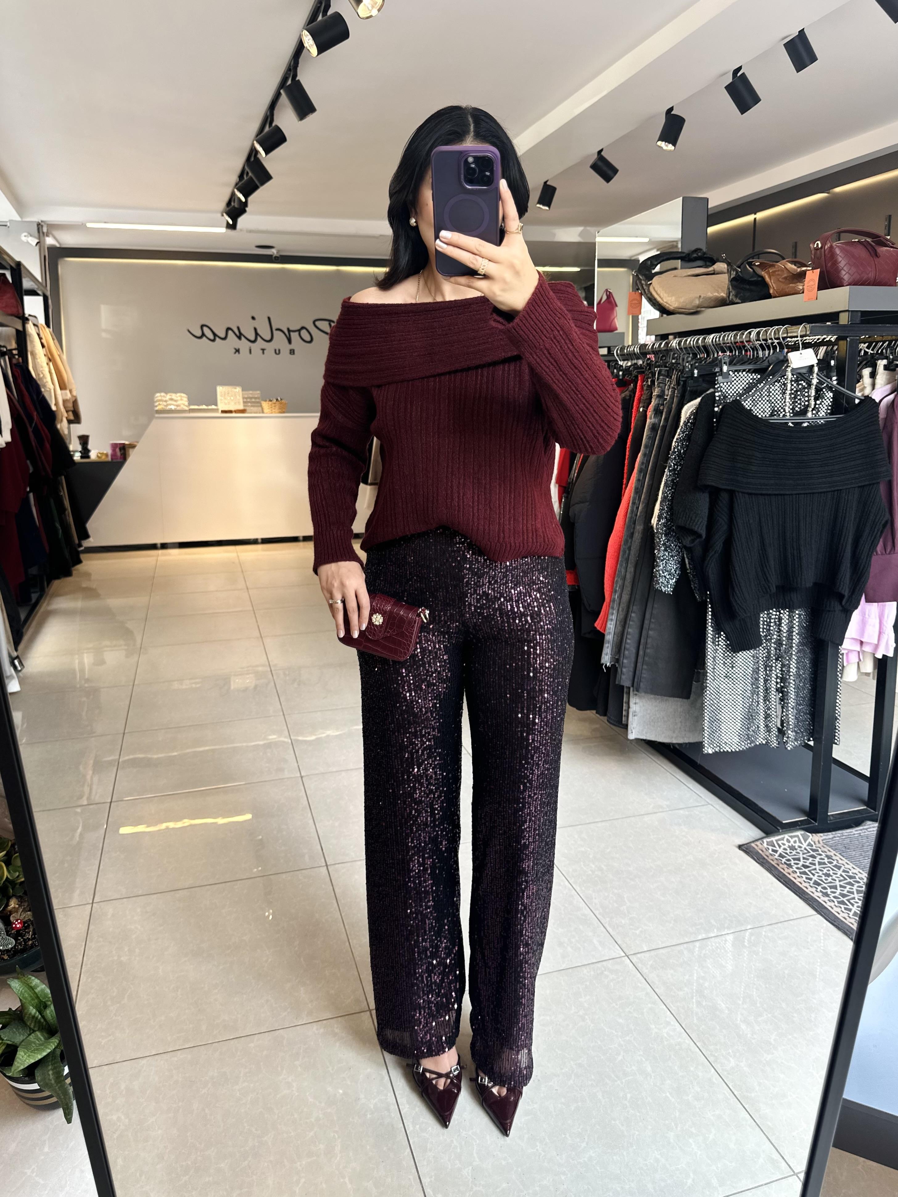 Bordo Beli Lastikli Payetli Pantolon