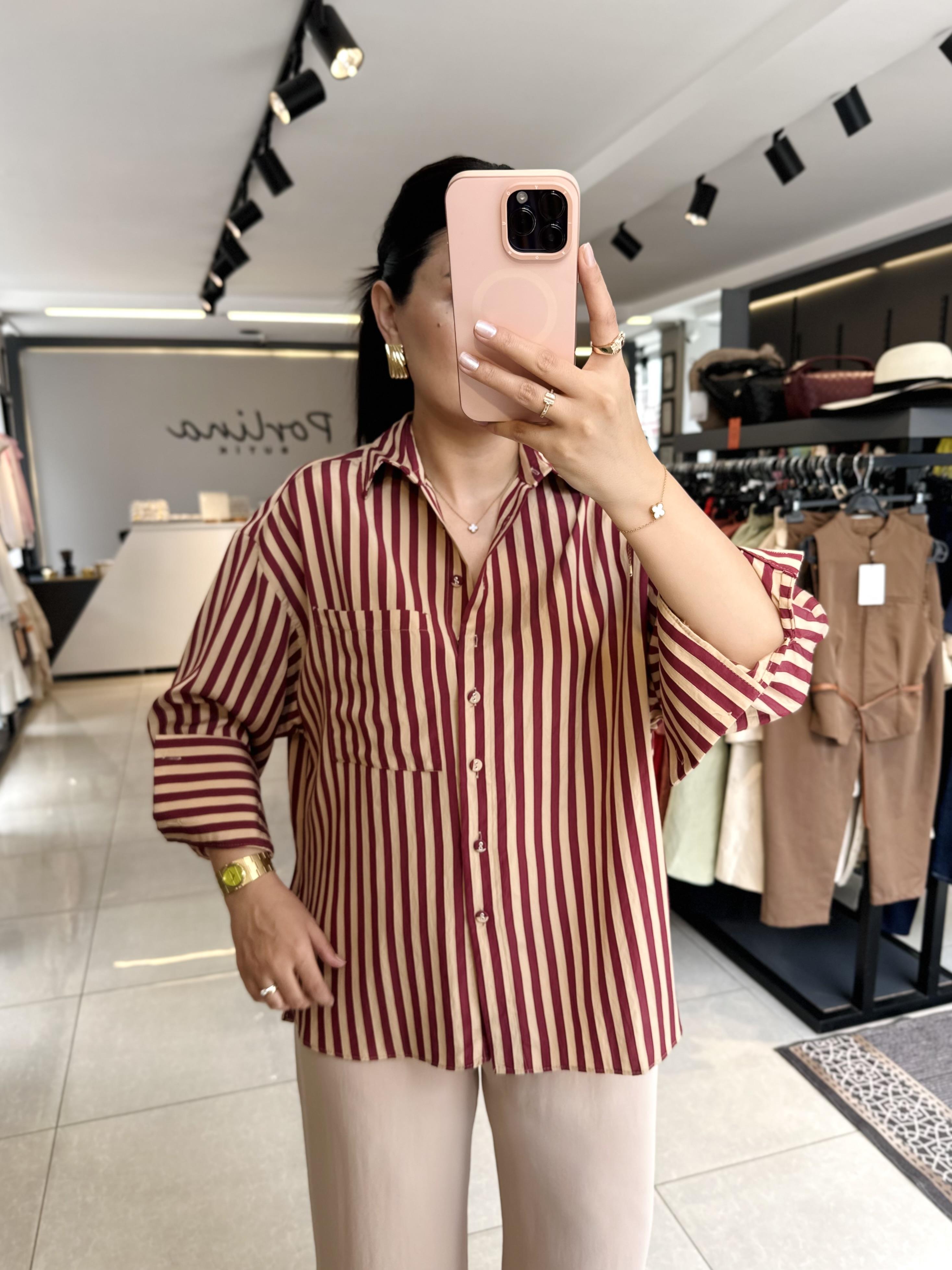 Bordo Camel Tensel Kumaş Çizgili Oversize Gömlek