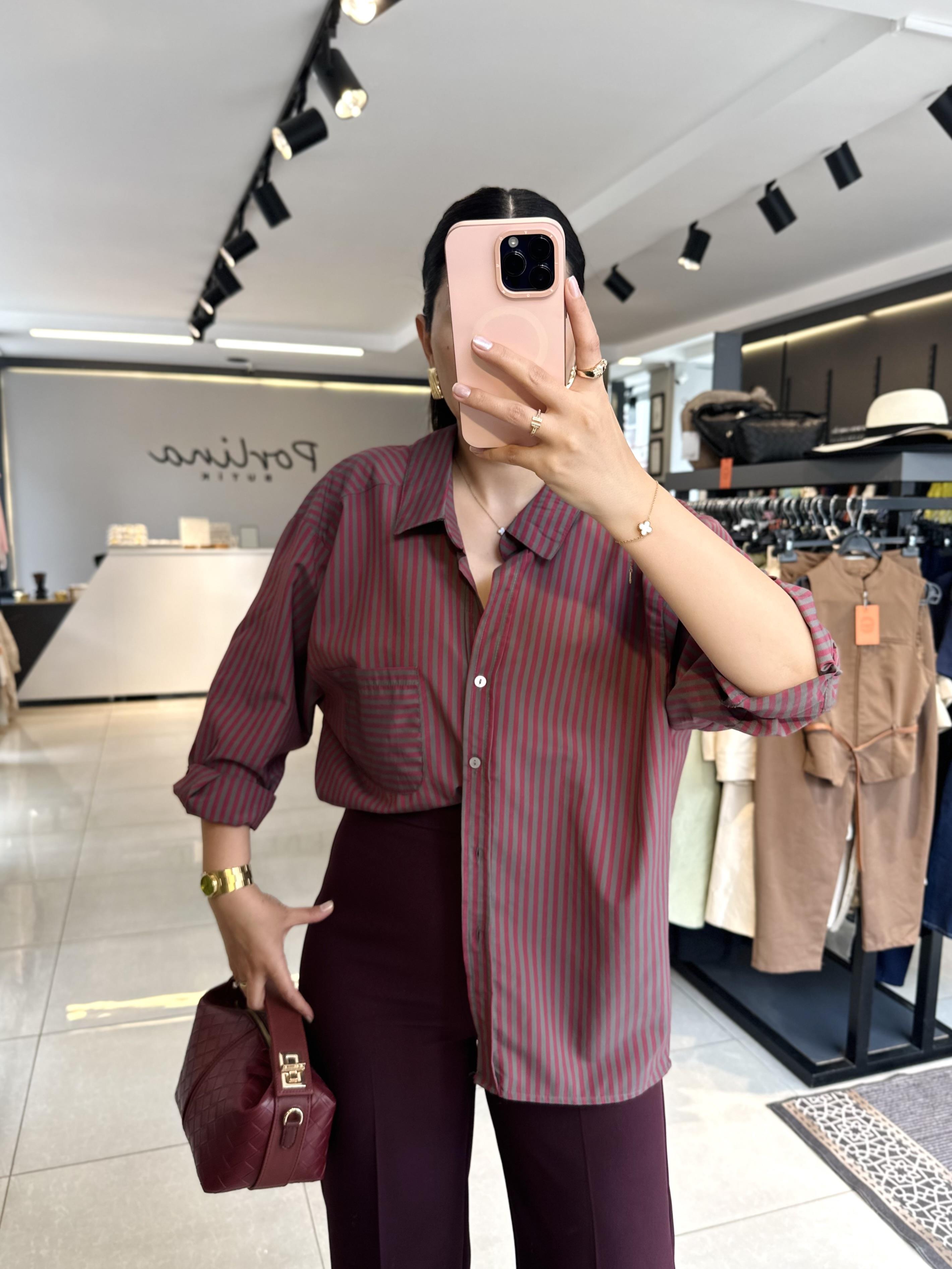 Bordo Gri Çizgili Oversize Gömlek