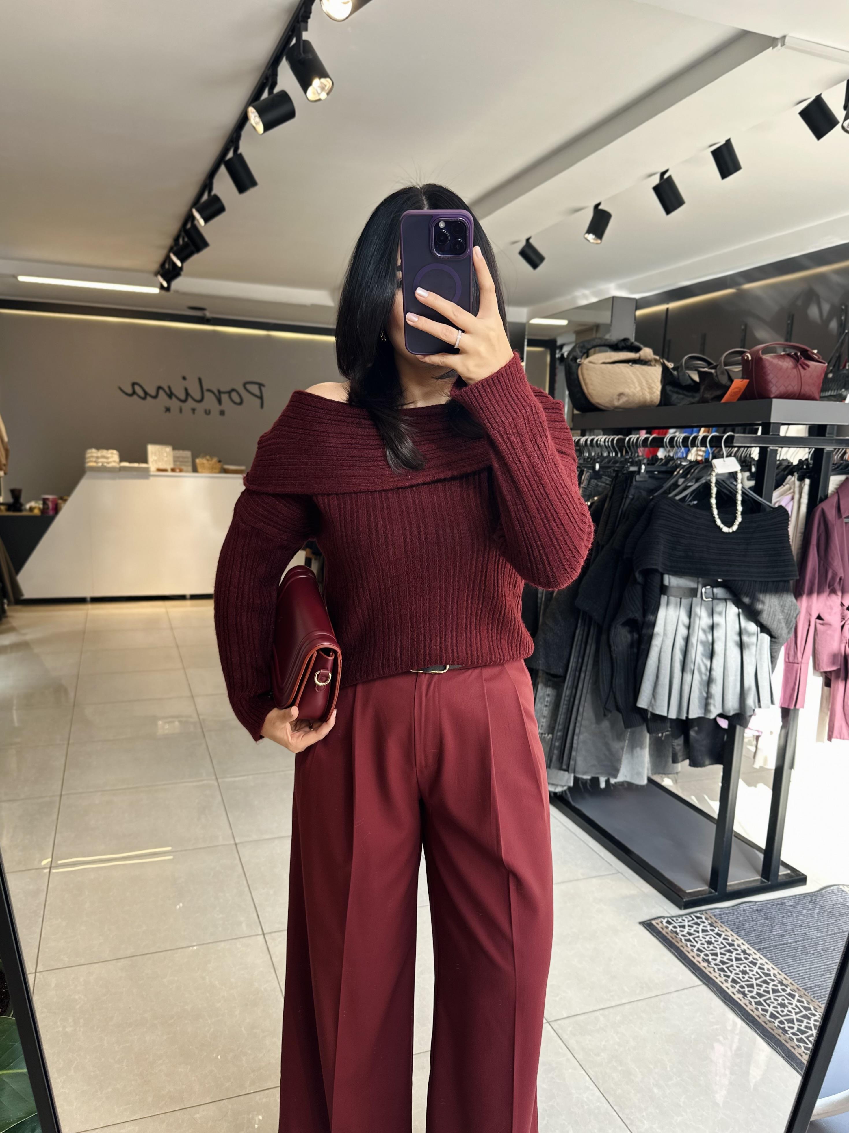 Bordo Kayık Yaka Kazak