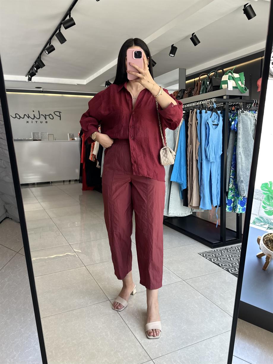 Bordo Paraşüt Kumaş Pantolon 