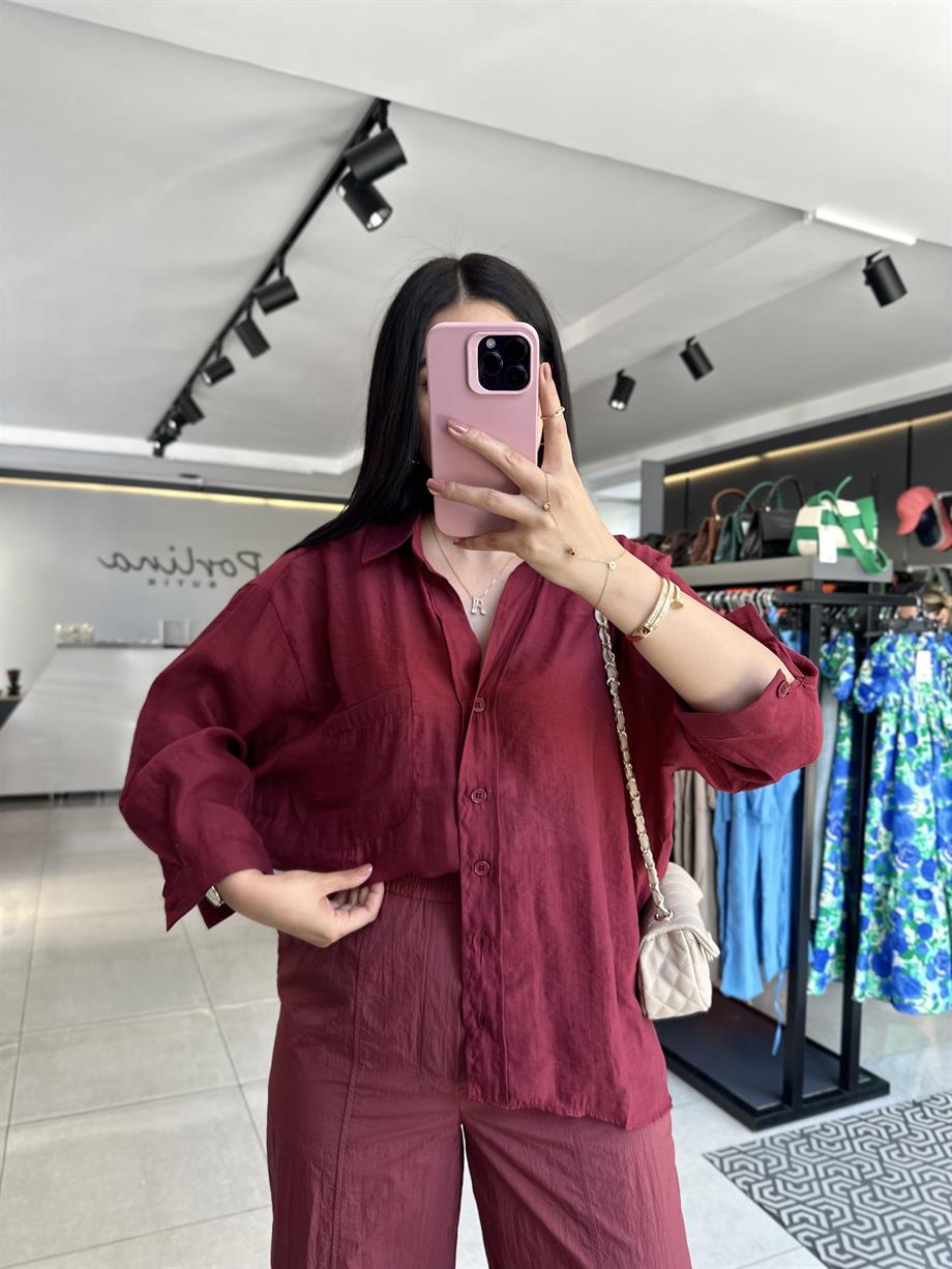 Bordo Tensel Kumaş Düşük Omuzlu Oversize Gömlek