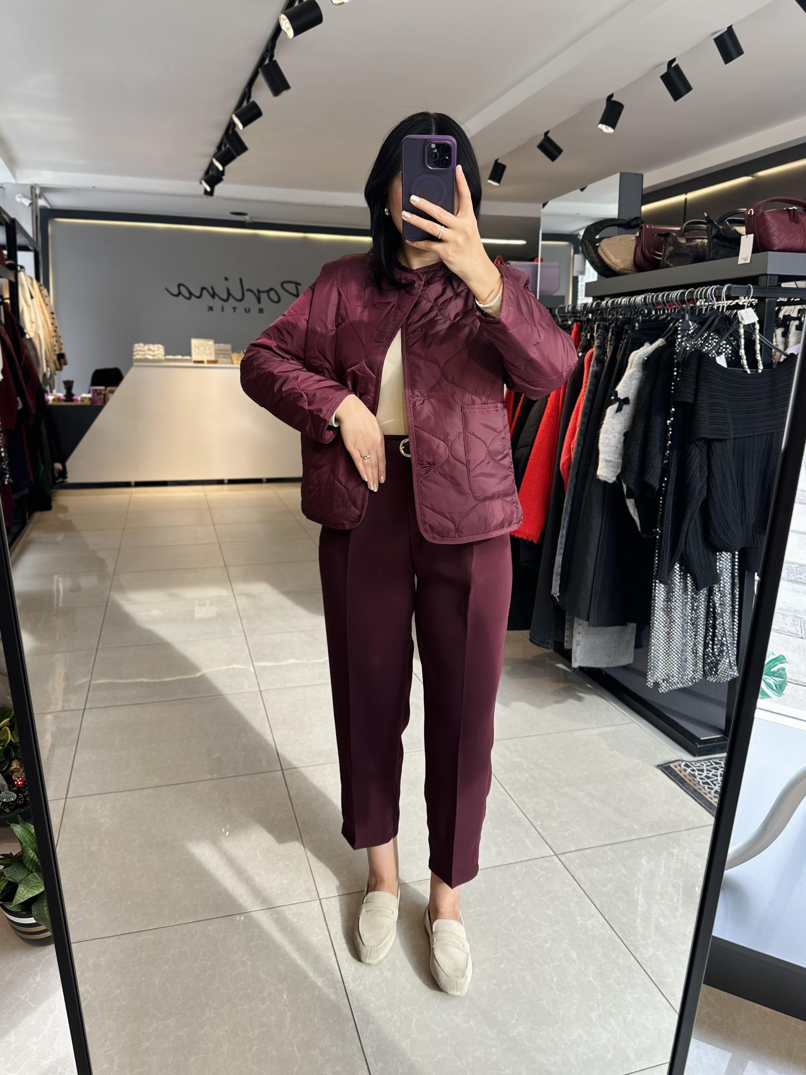 Bordo Yüksek Bel Kemerli Havuç Kesim Pantolon