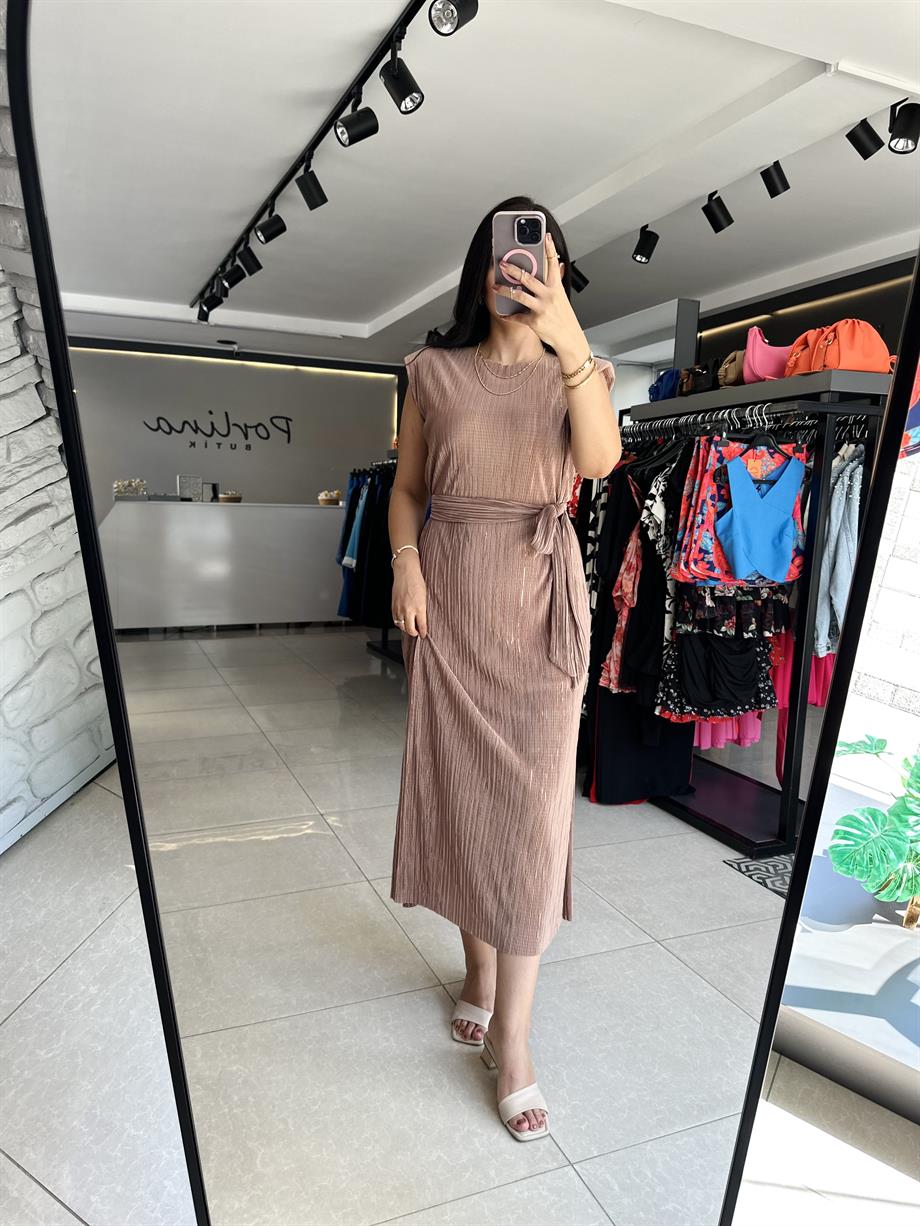 Camel Vatkalı Krinkıl Kumaş Elbise