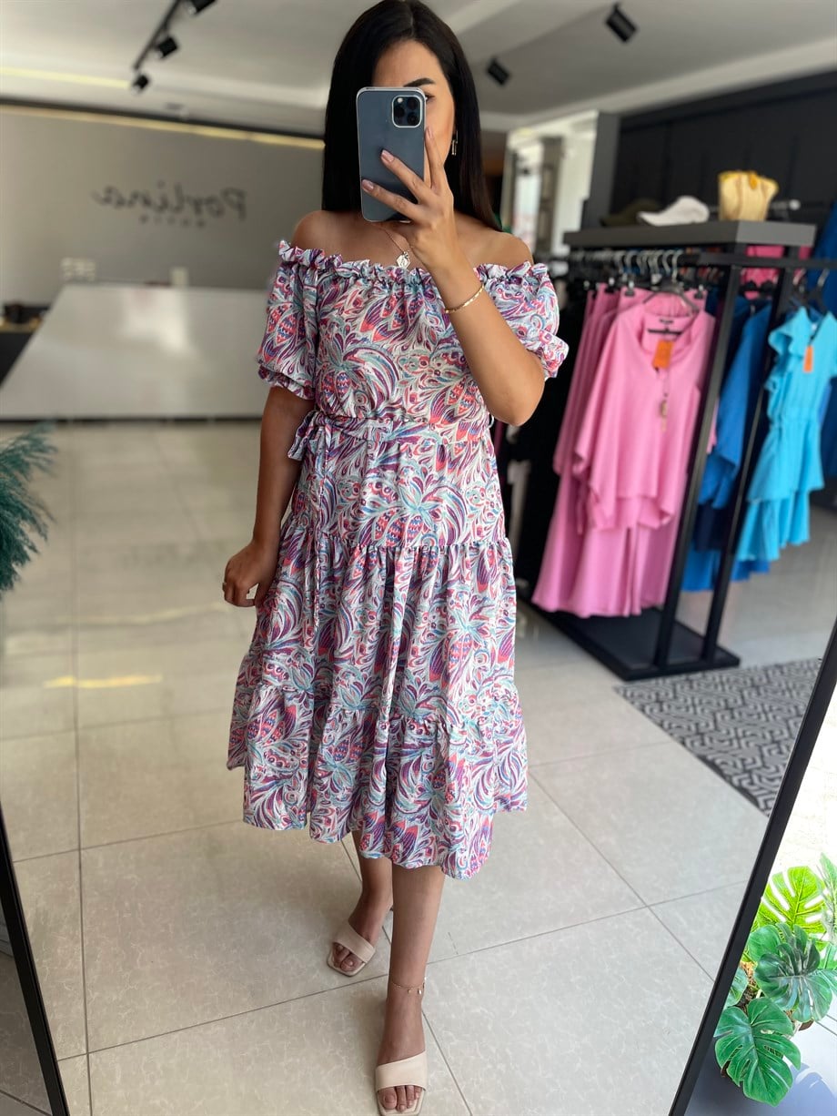 Desenli Gofre Kumaş Elbise