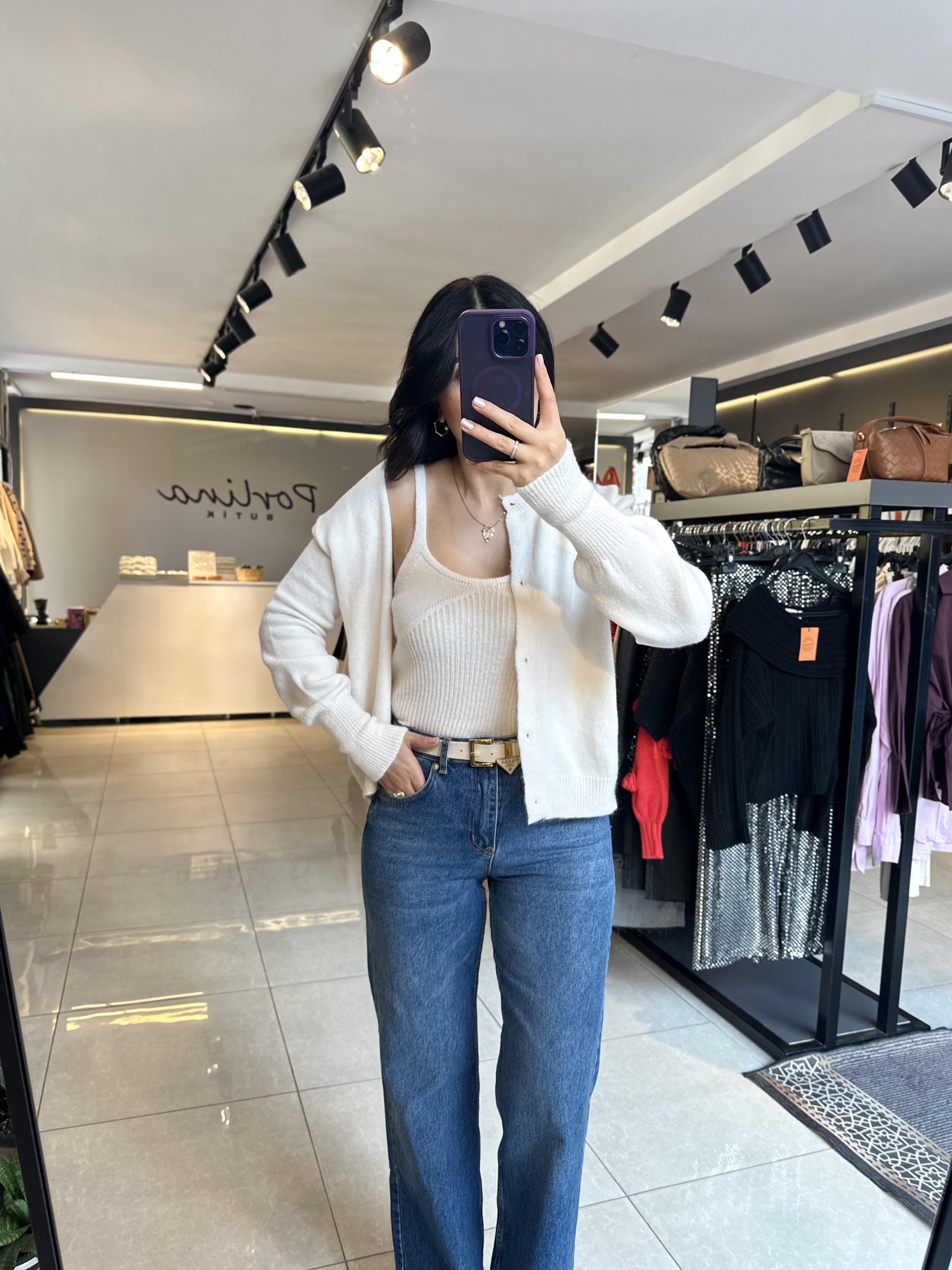 Ekru Bustiyerli Triko Hırka Takım