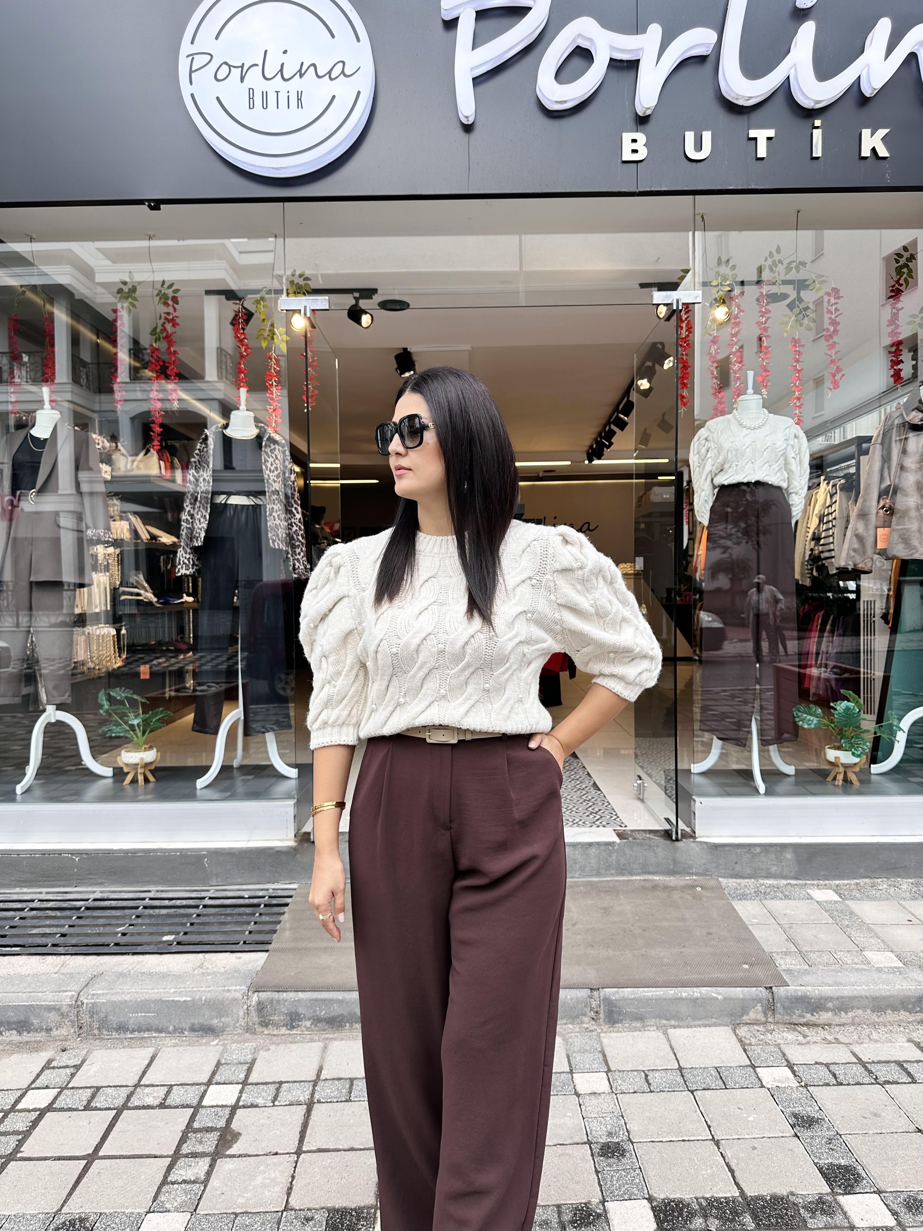 Ekru Renk İncili Kazak