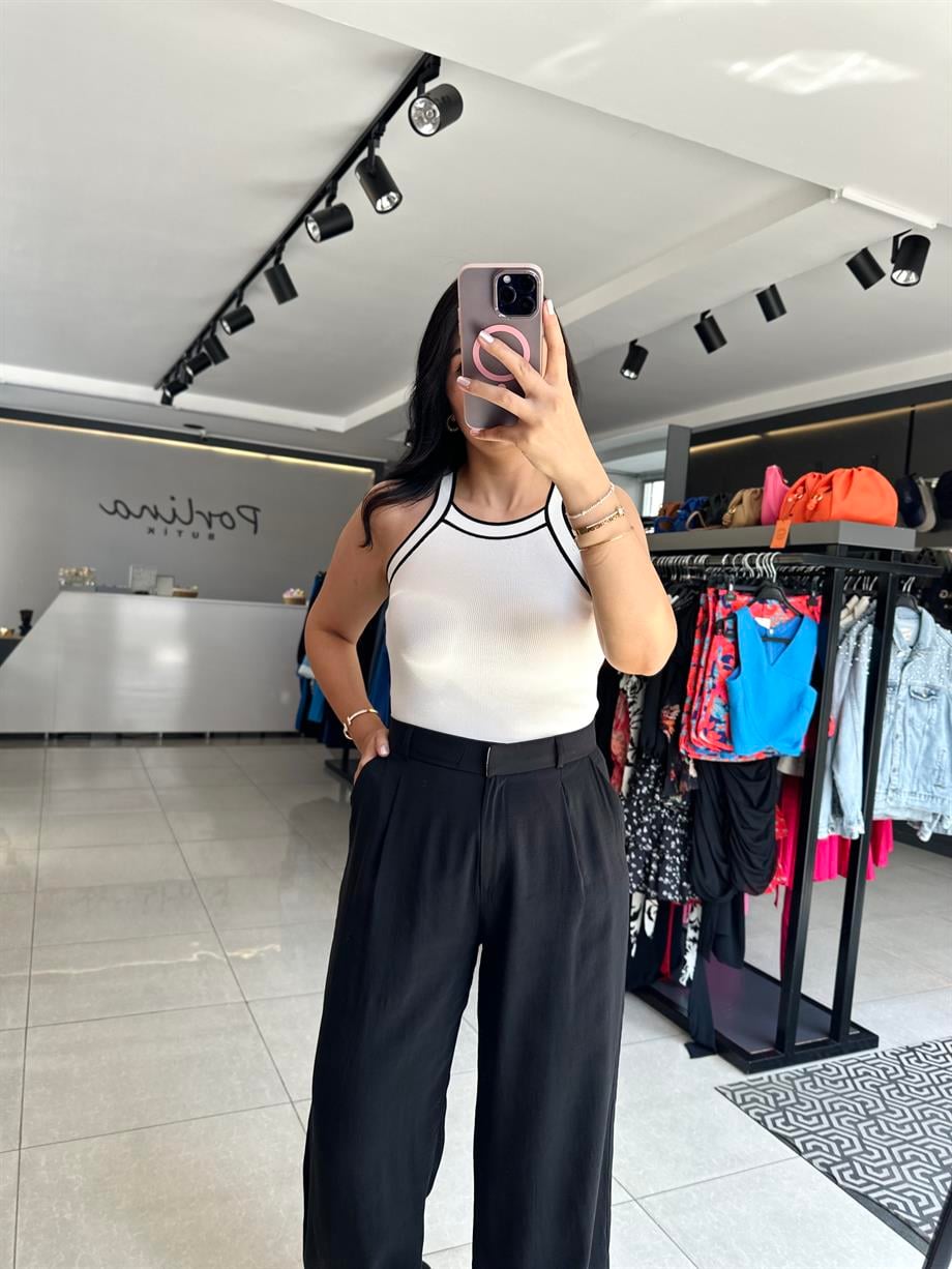 Ekru Siyah İnce Çizgili Triko Atlet