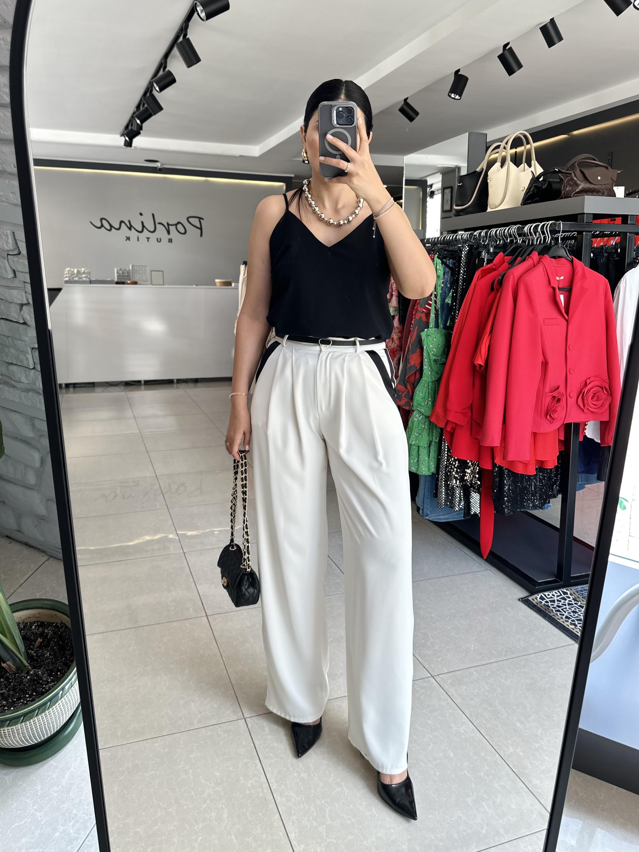 Ekru Yanları Şerit Detaylı Premium Pantolon