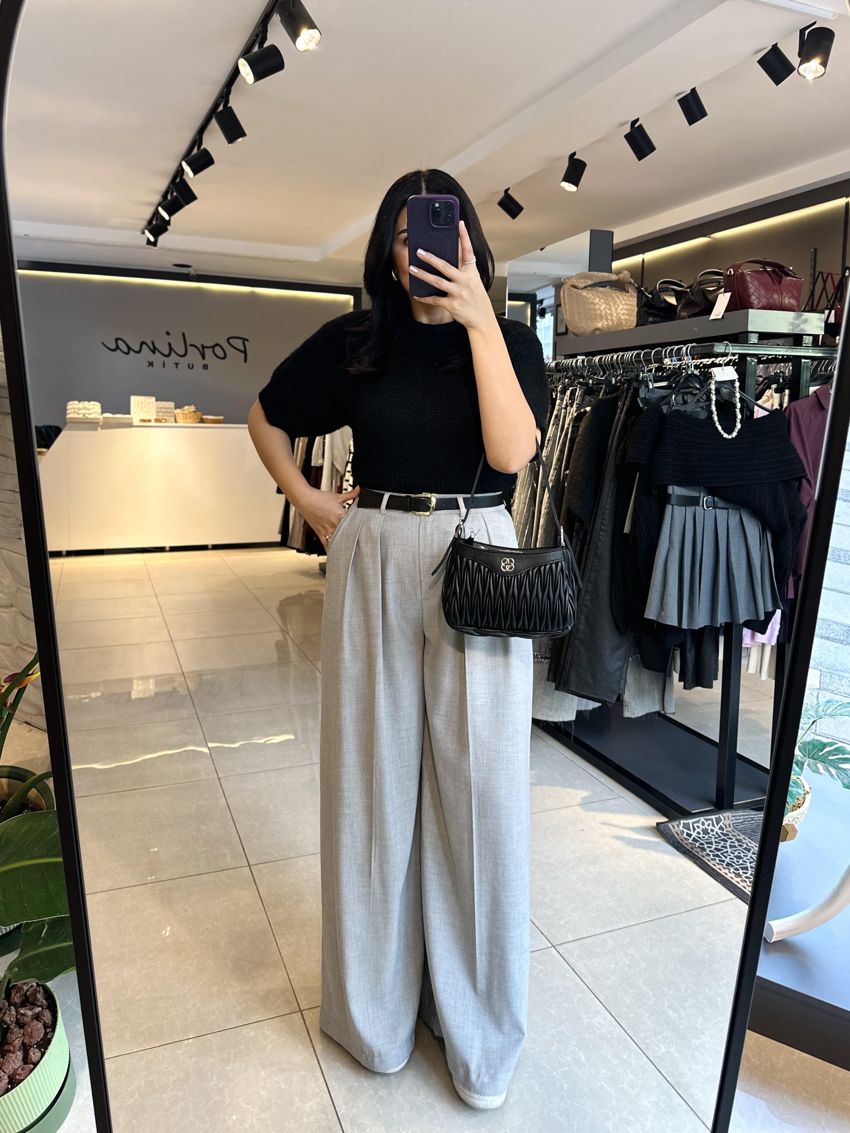 Gri Çift Pileli Kemerli Bol Paça Pantolon