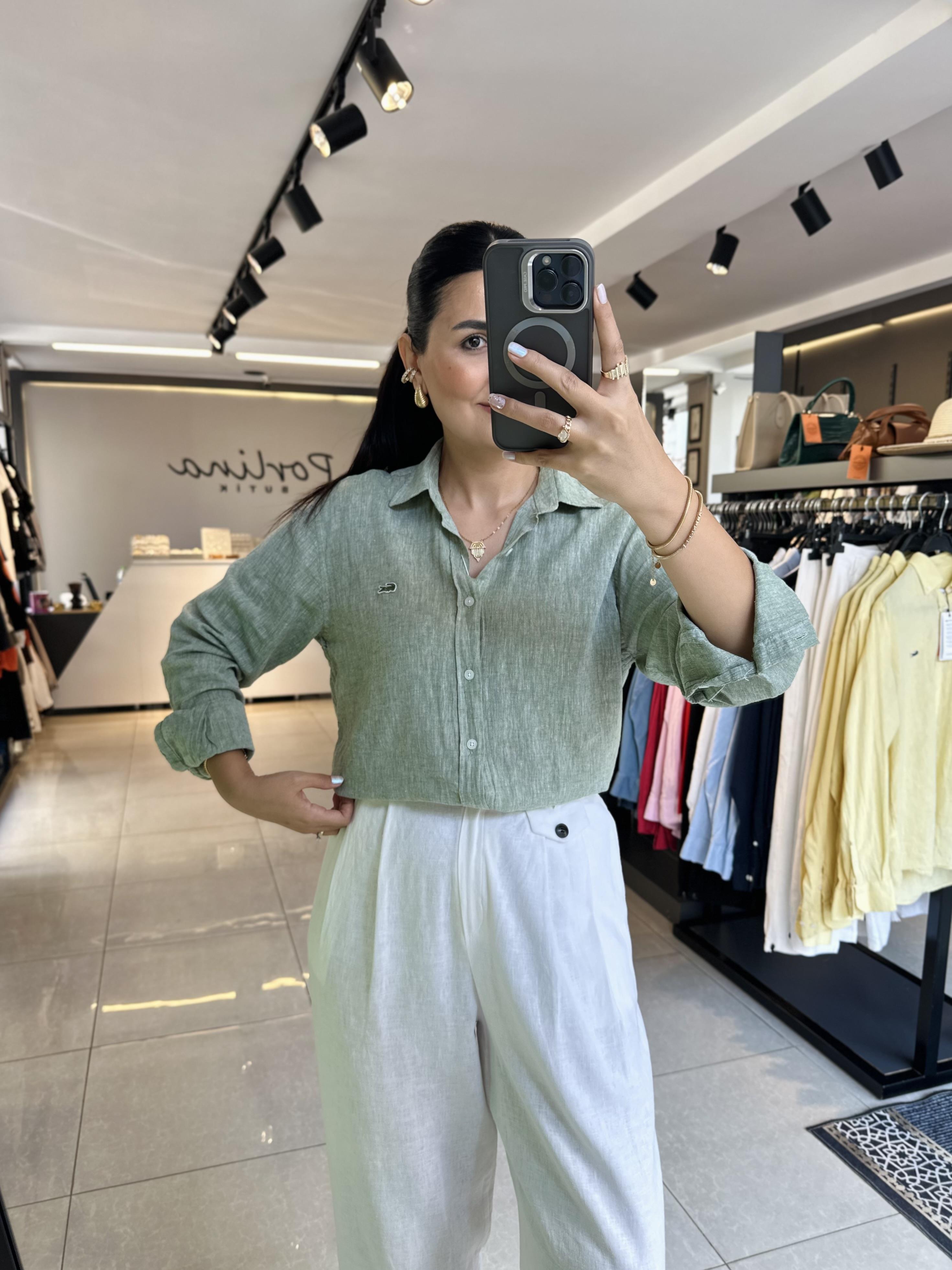 Haki Keten Orjinal Marka Gömlek