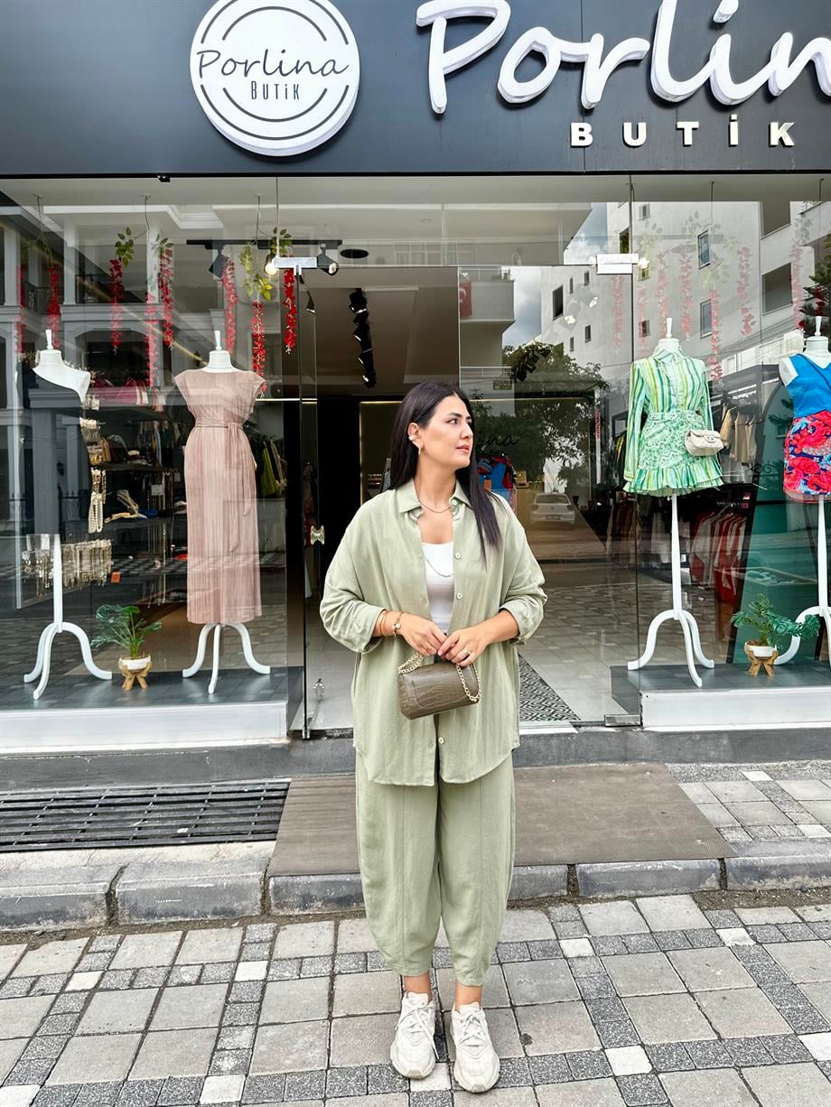 Haki Keten Şalvar Pantolon 