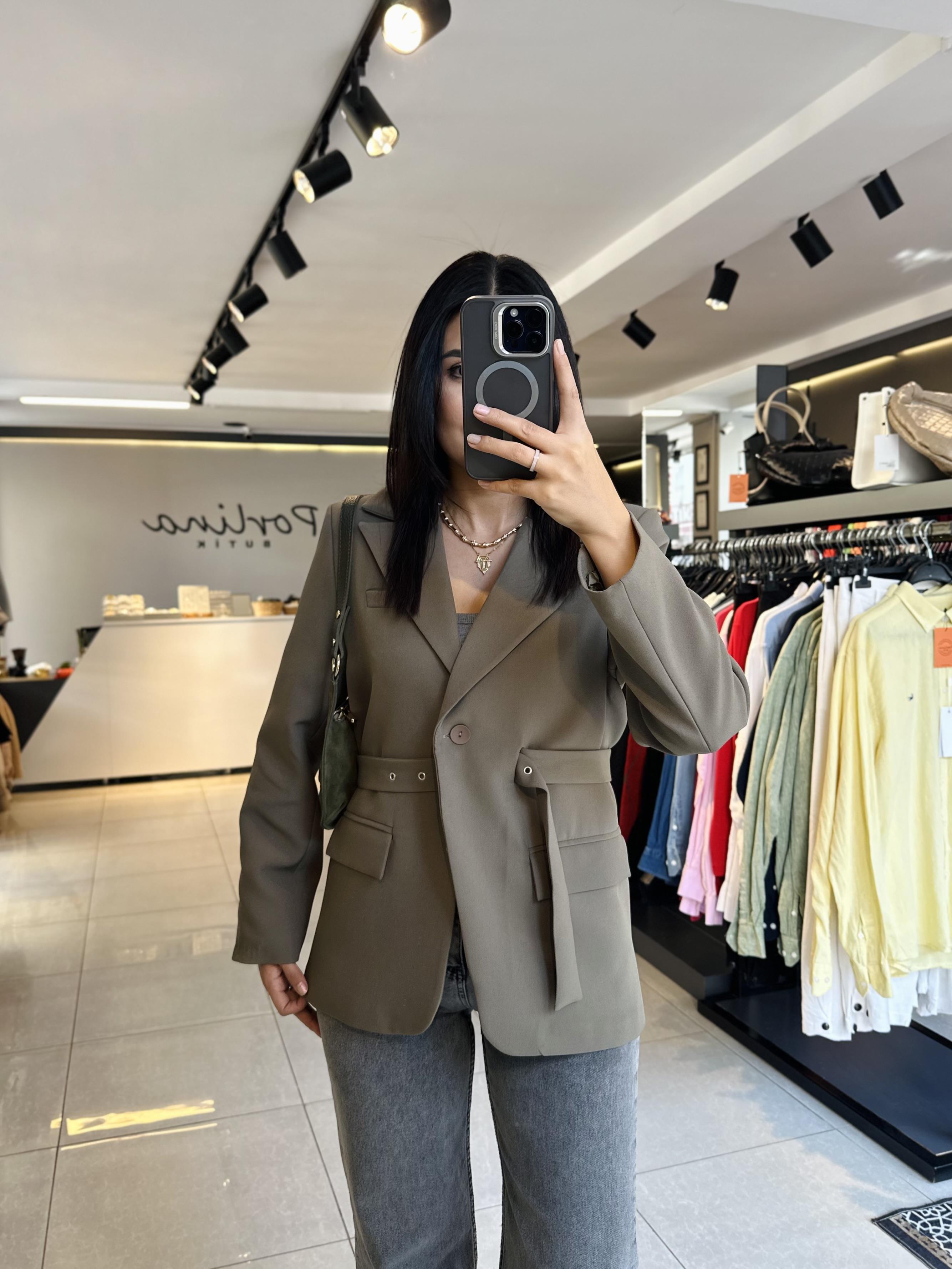 Haki Premium Kalite Kemerli Blazer Ceket