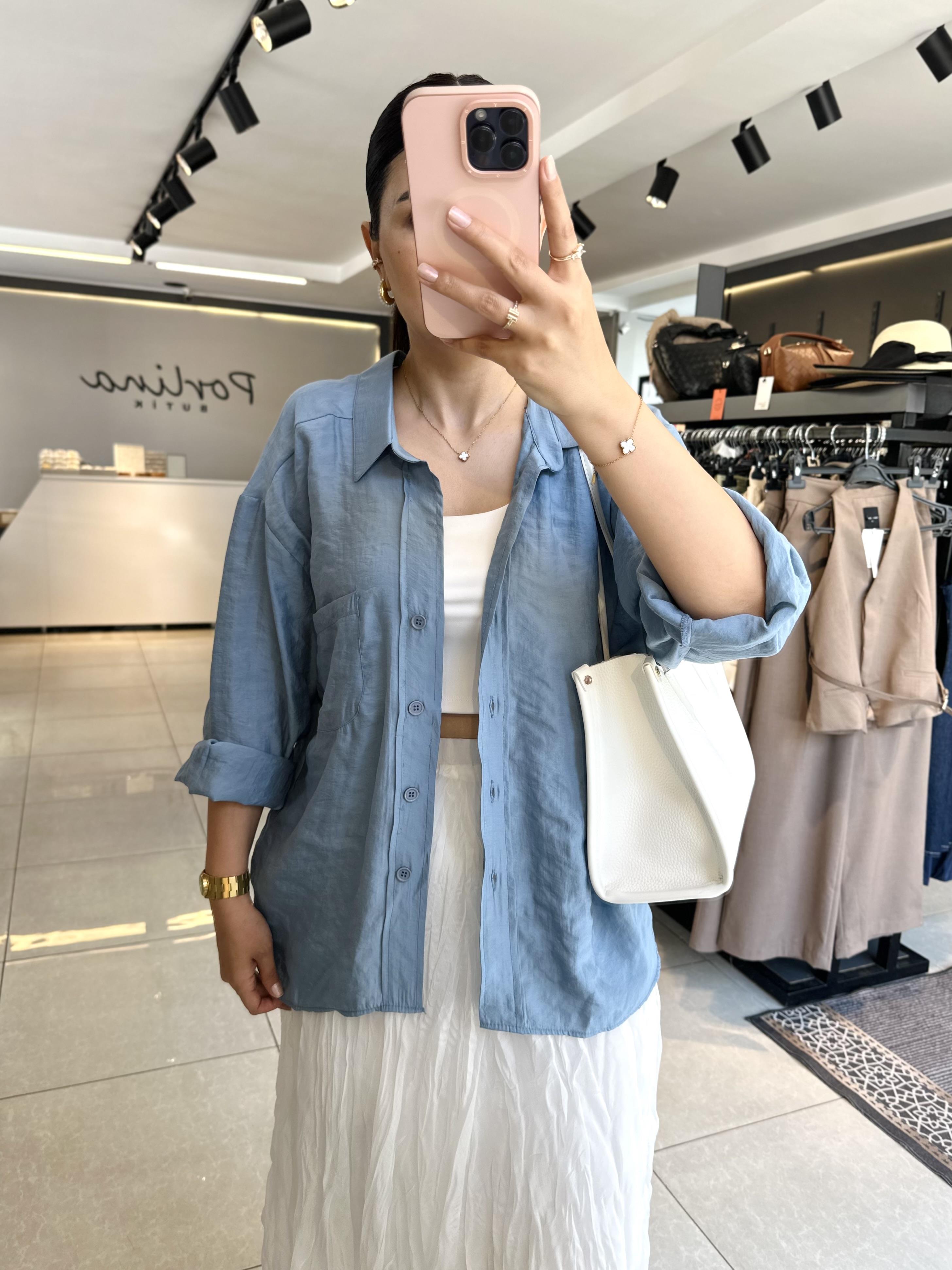 İndigo Tensel Kumaş Düşük Omuzlu Oversize Gömlek