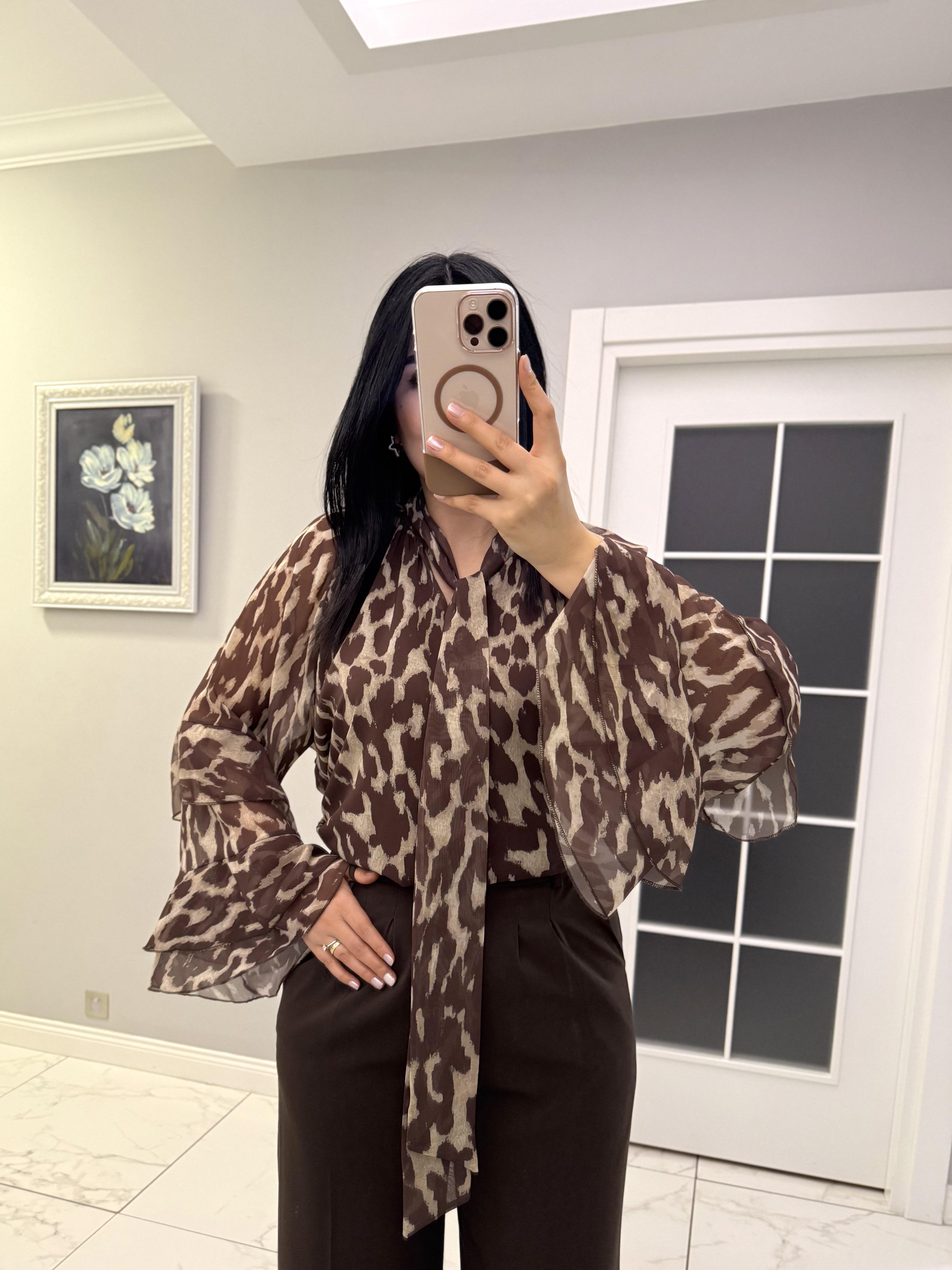 Kahve Desenli Şifon Bluz