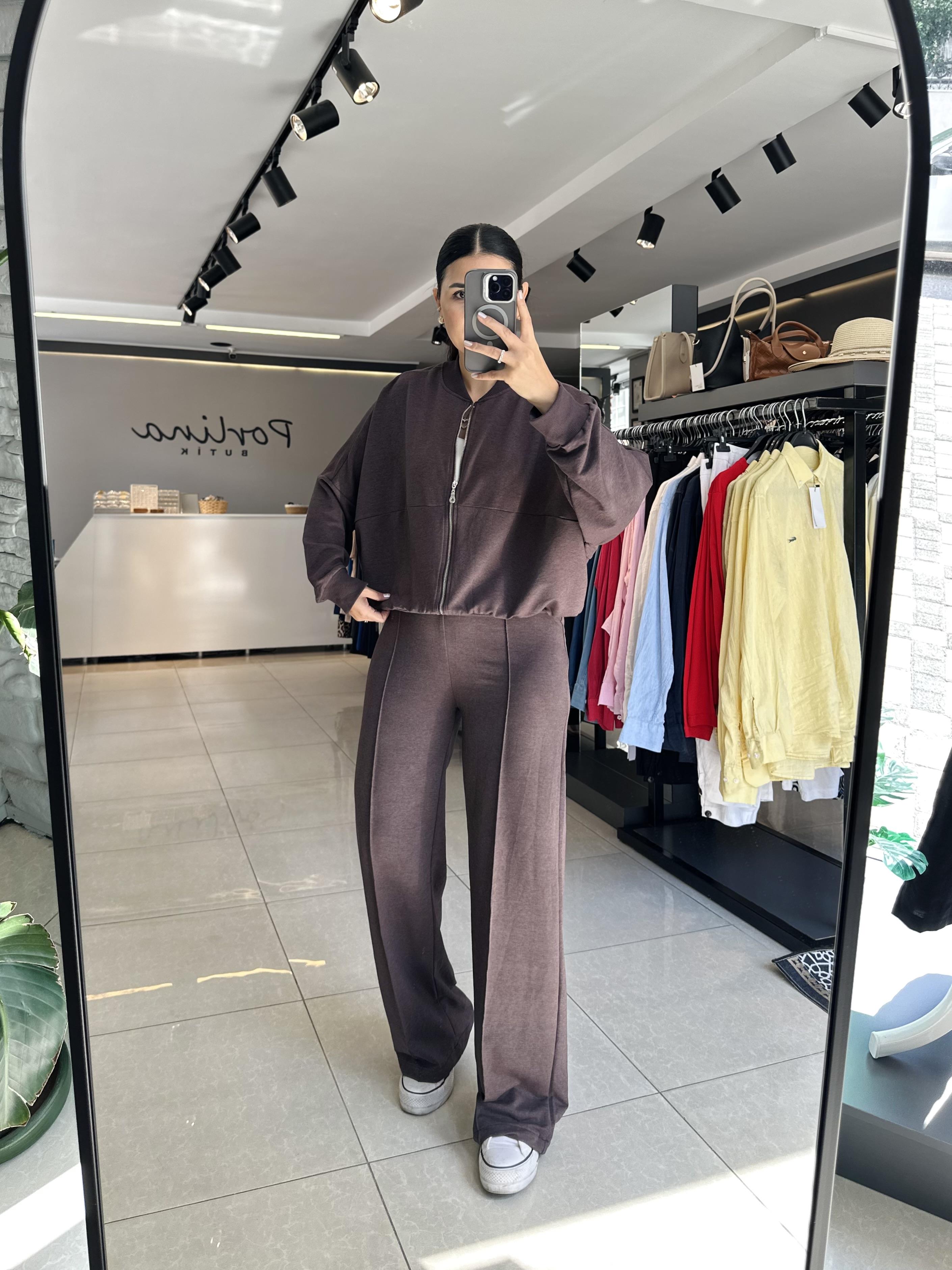 Kahve Fermuarlı Eşofman Takımı