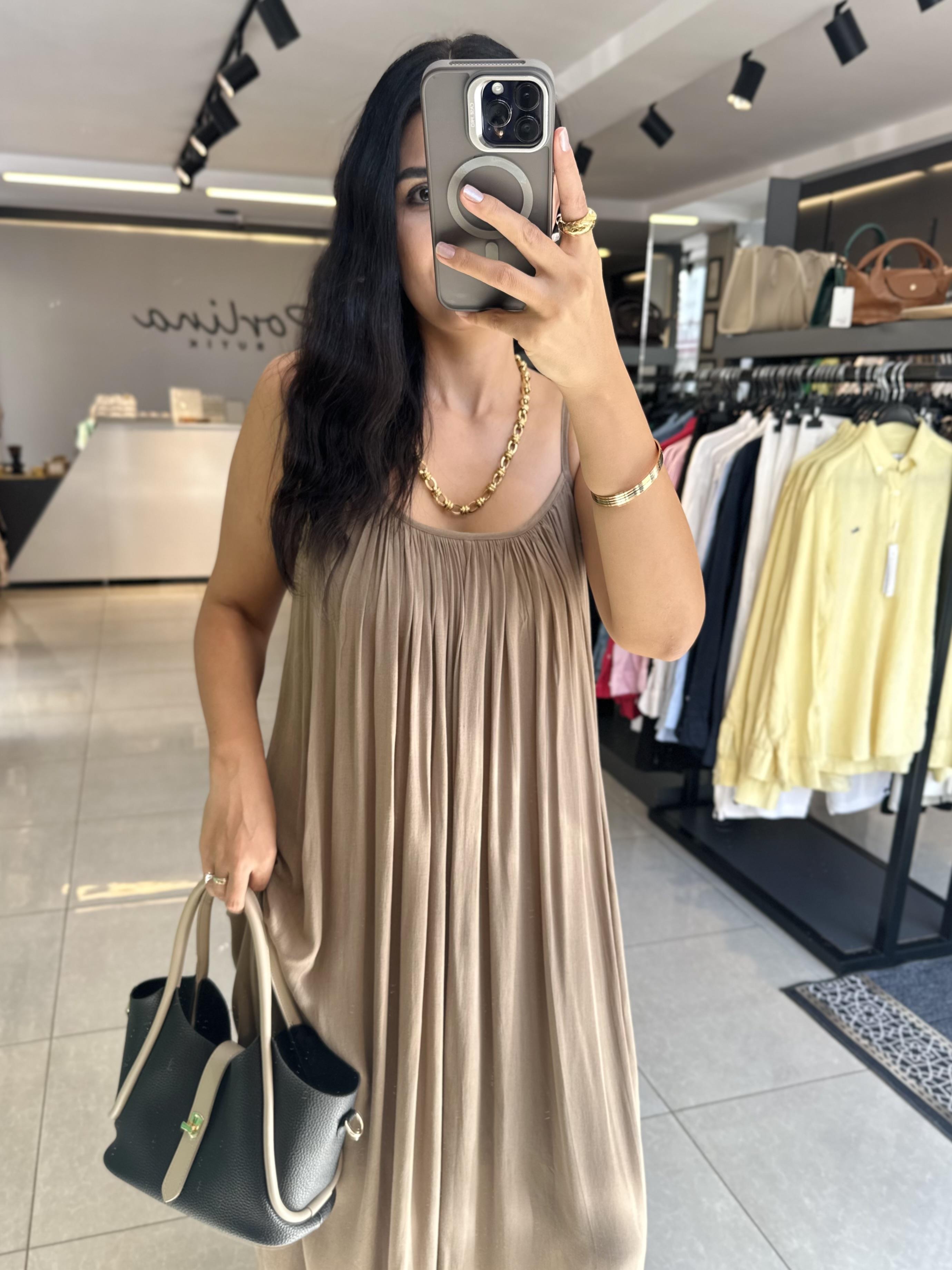 Kahve Ham Keten Astarlı Askılı Elbise