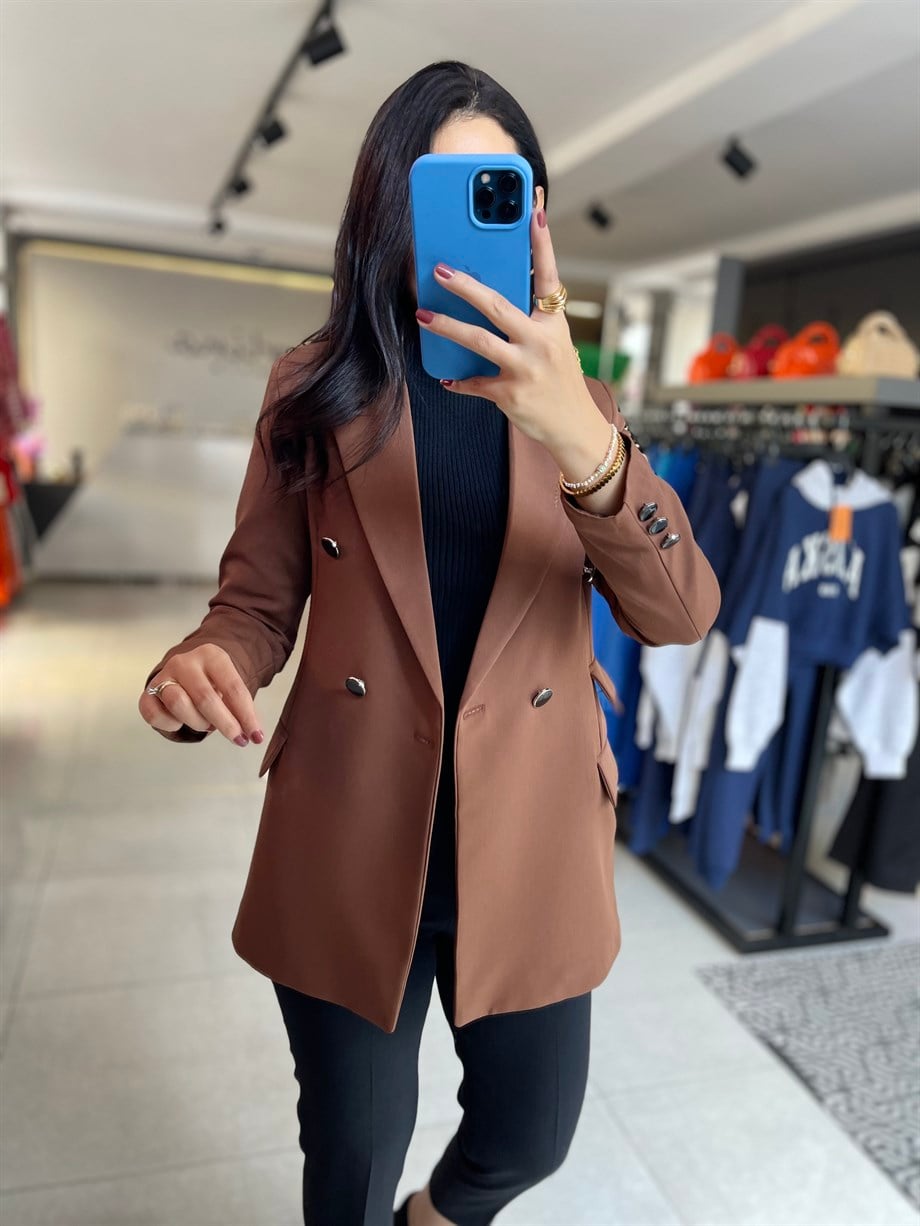 Kahverengi Atlas Kumaş Çift Cep Blazer Ceket
