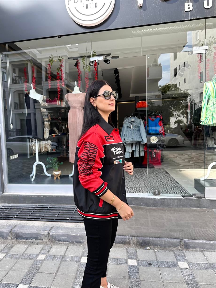 Kırmızı Baskılı Bomber Ceket