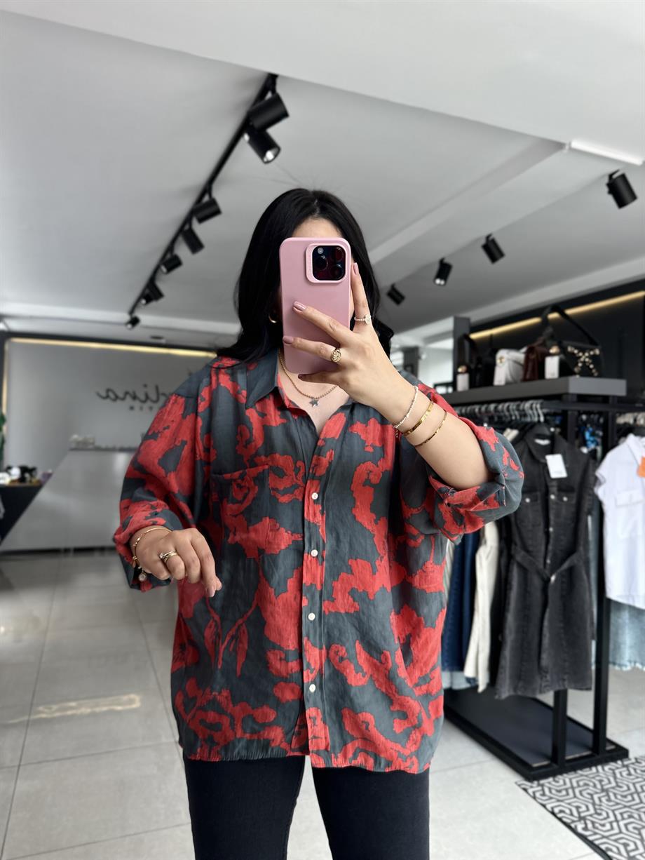 Kırmızı Gri Omzu Düşük Oversize Gömlek