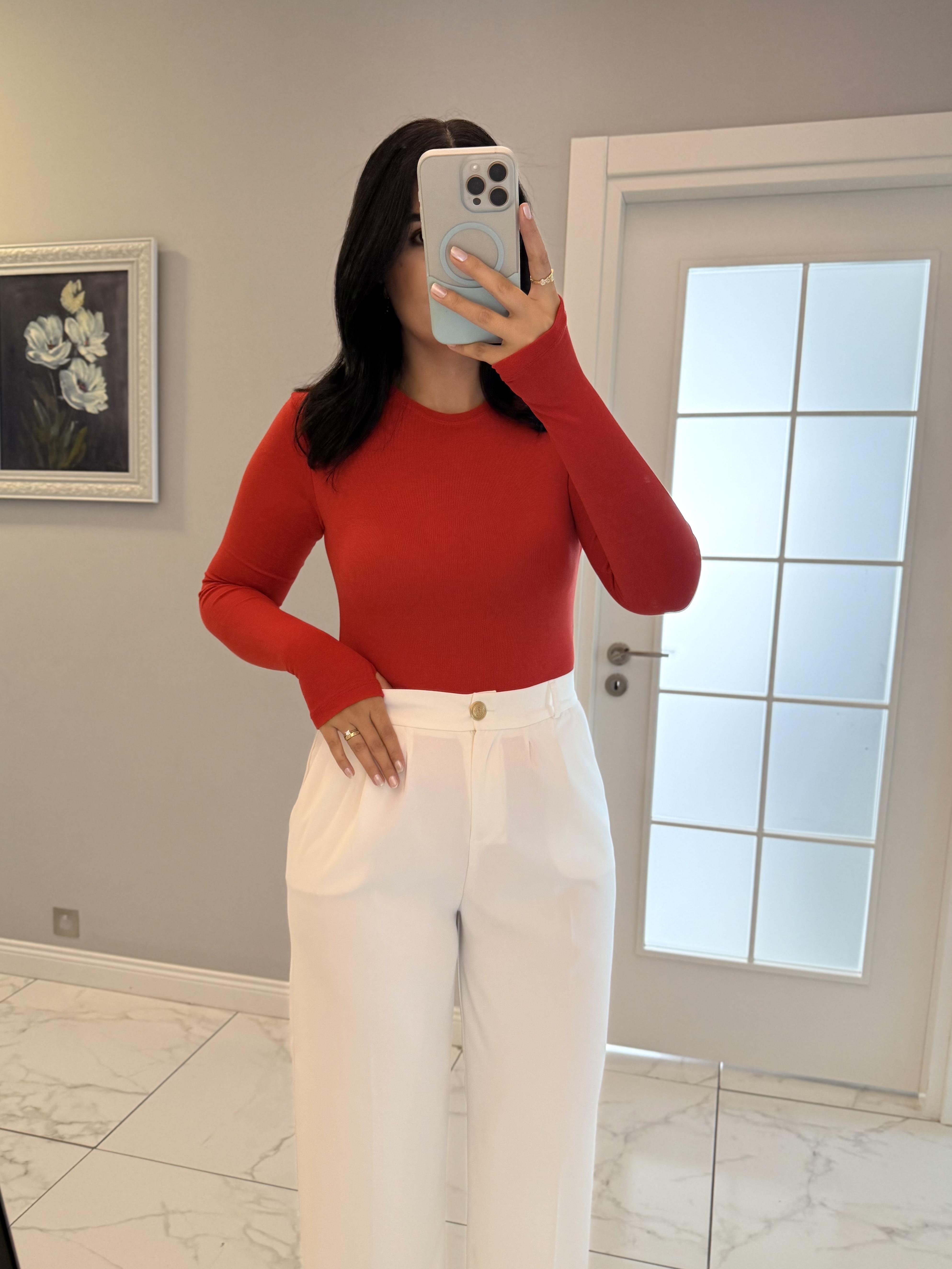 Kırmızı Massimo Bisiklet Yaka Parmak Geçmeli Bodysuit 