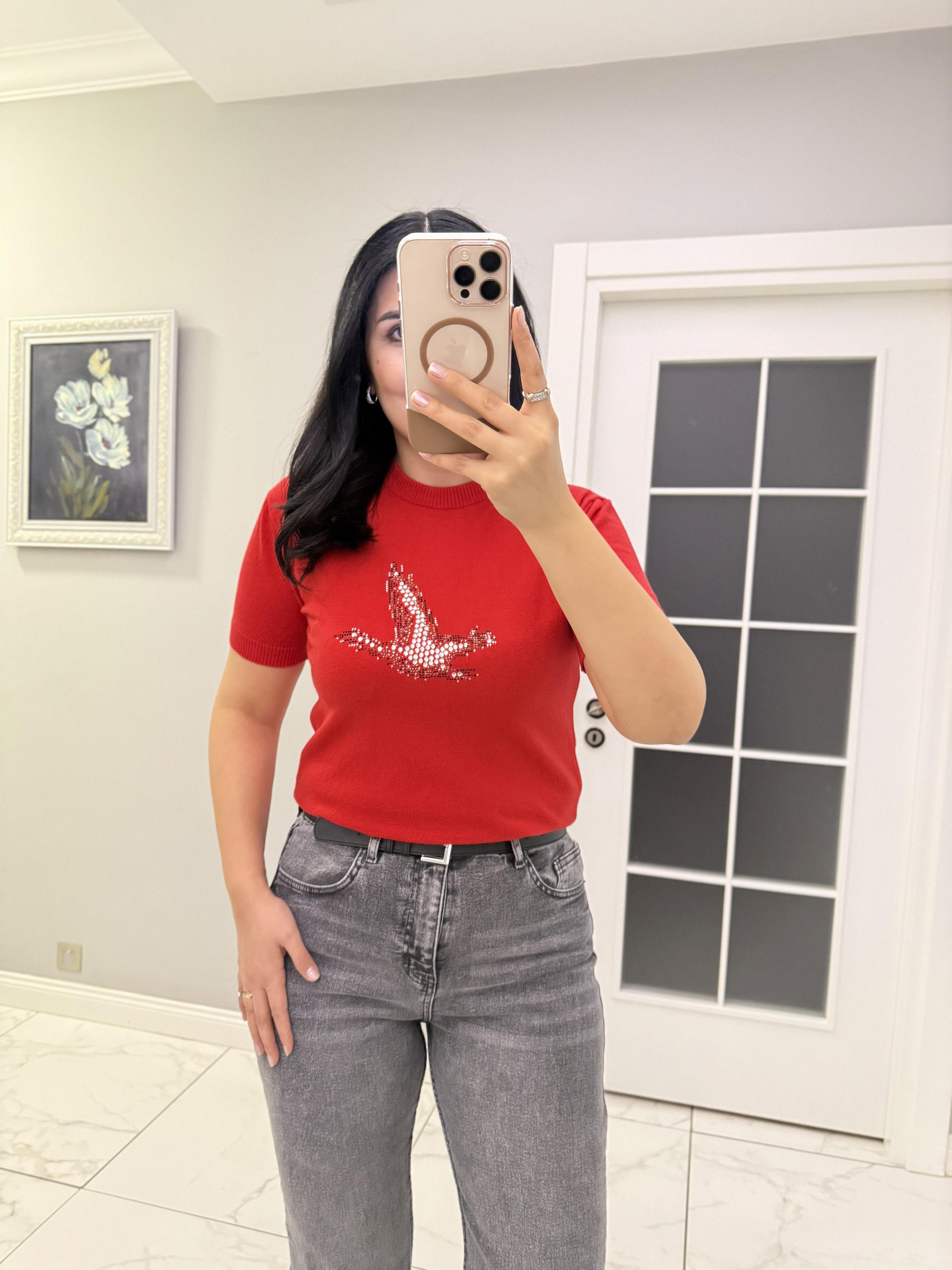 Kırmızı Taş Detaylı Marka Model Triko