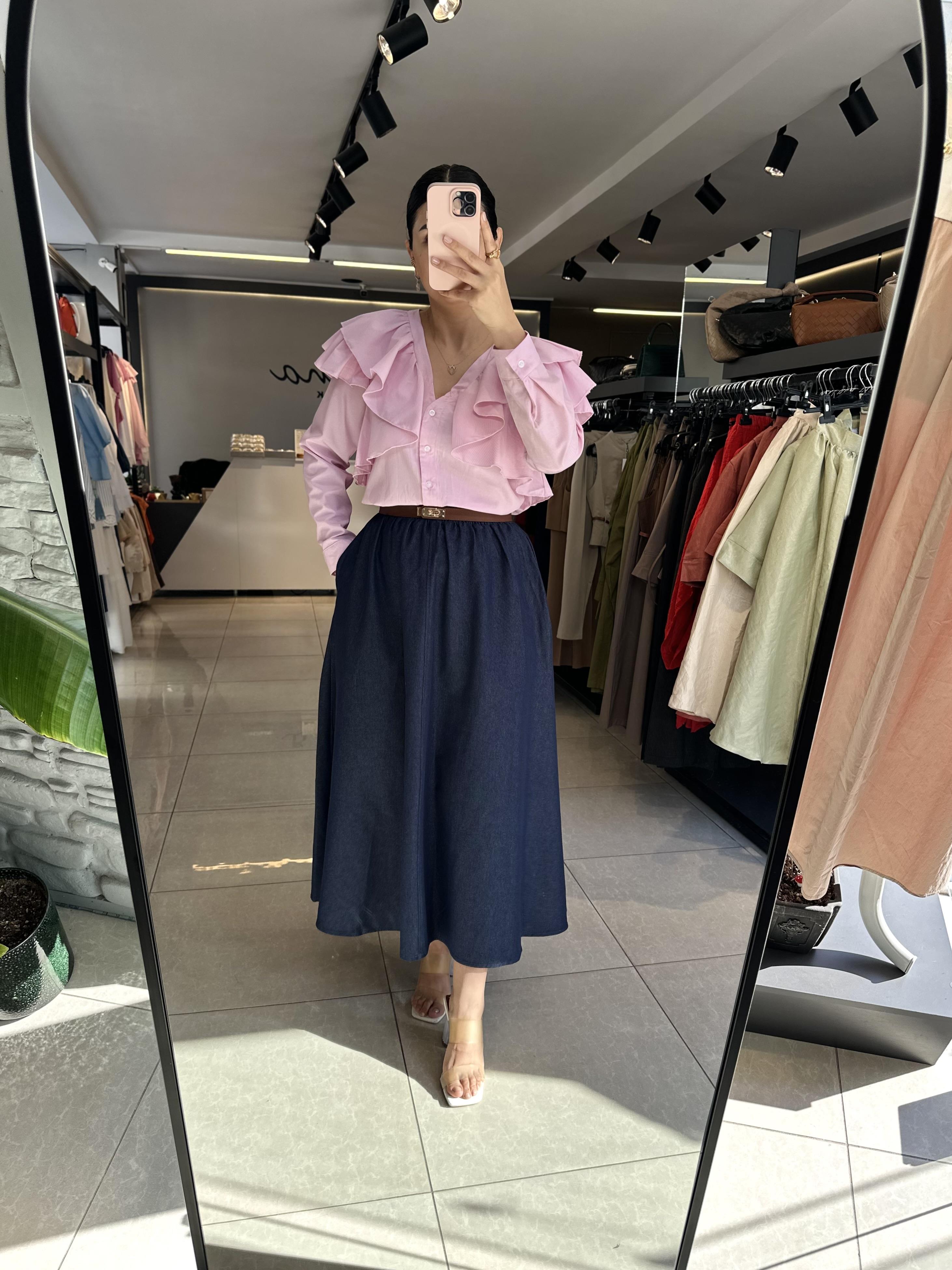 Koyu Mavi A Kesim Cep Detaylı Denim Etek