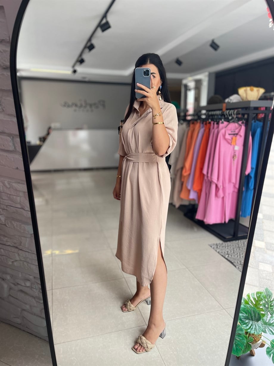 Krem Bel Pili Detaylı Yarasa Elbise