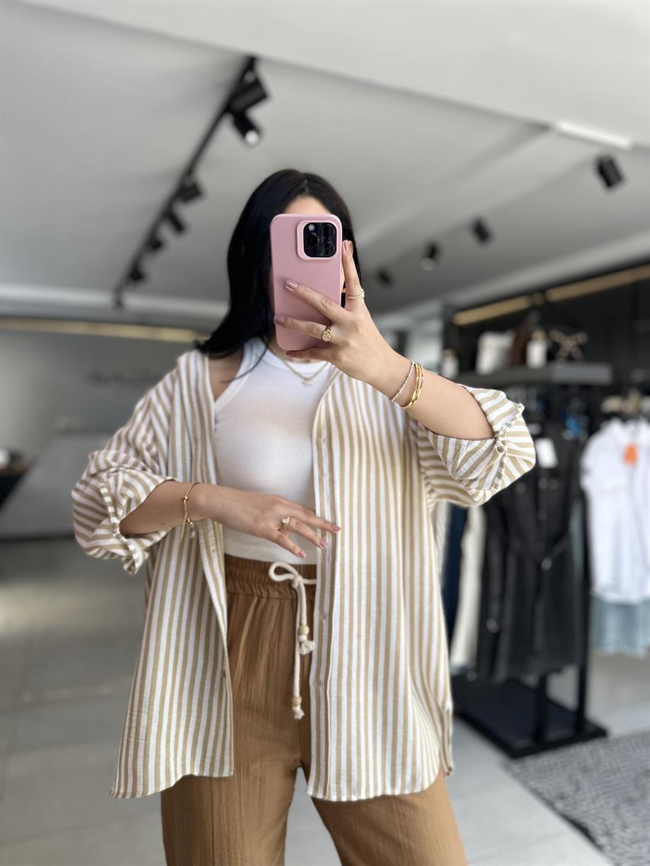 Krem Kalın Çizgili Gömlek