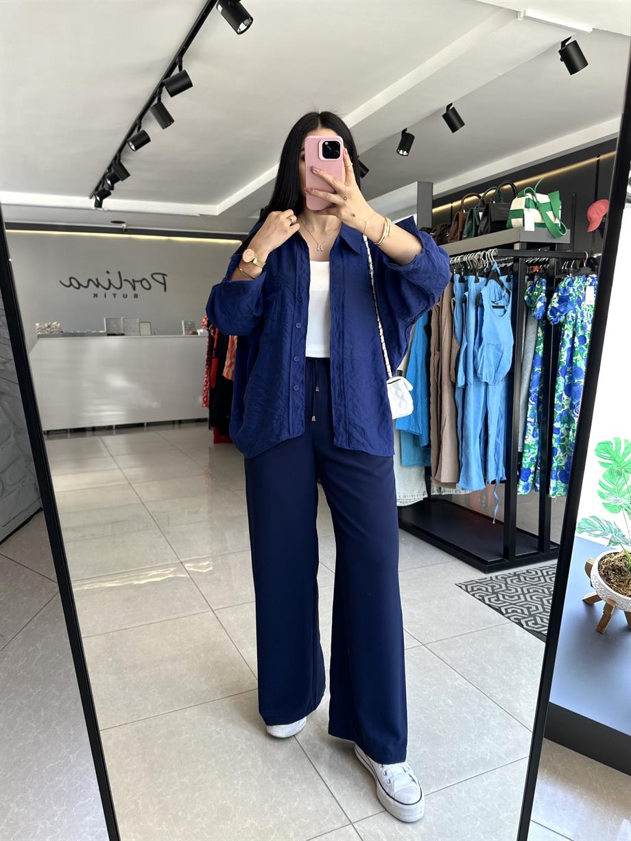 Lacivert Beli Lastikli Bol Paça Pantolon