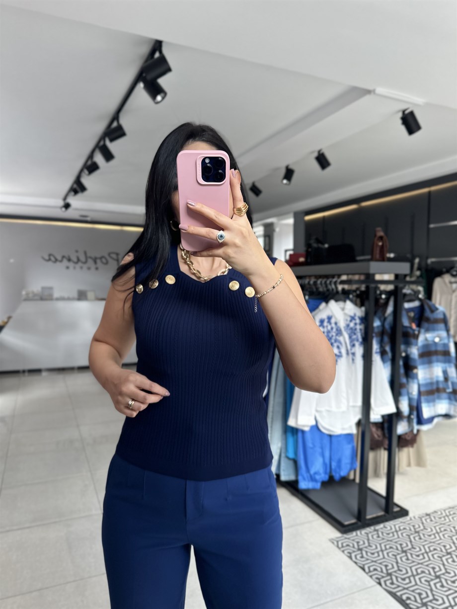 Lacivert Kalın Askılı Düğmeli Atlet