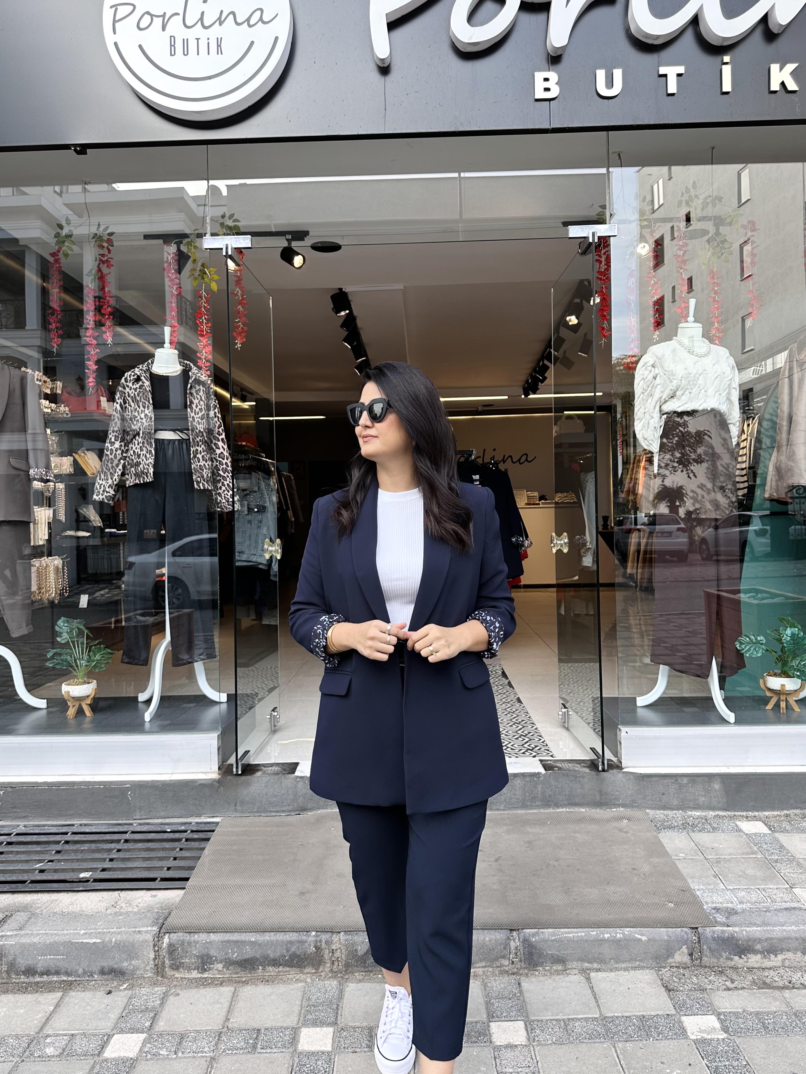 Lacivert Leopar Astarlı Blazer Ceket