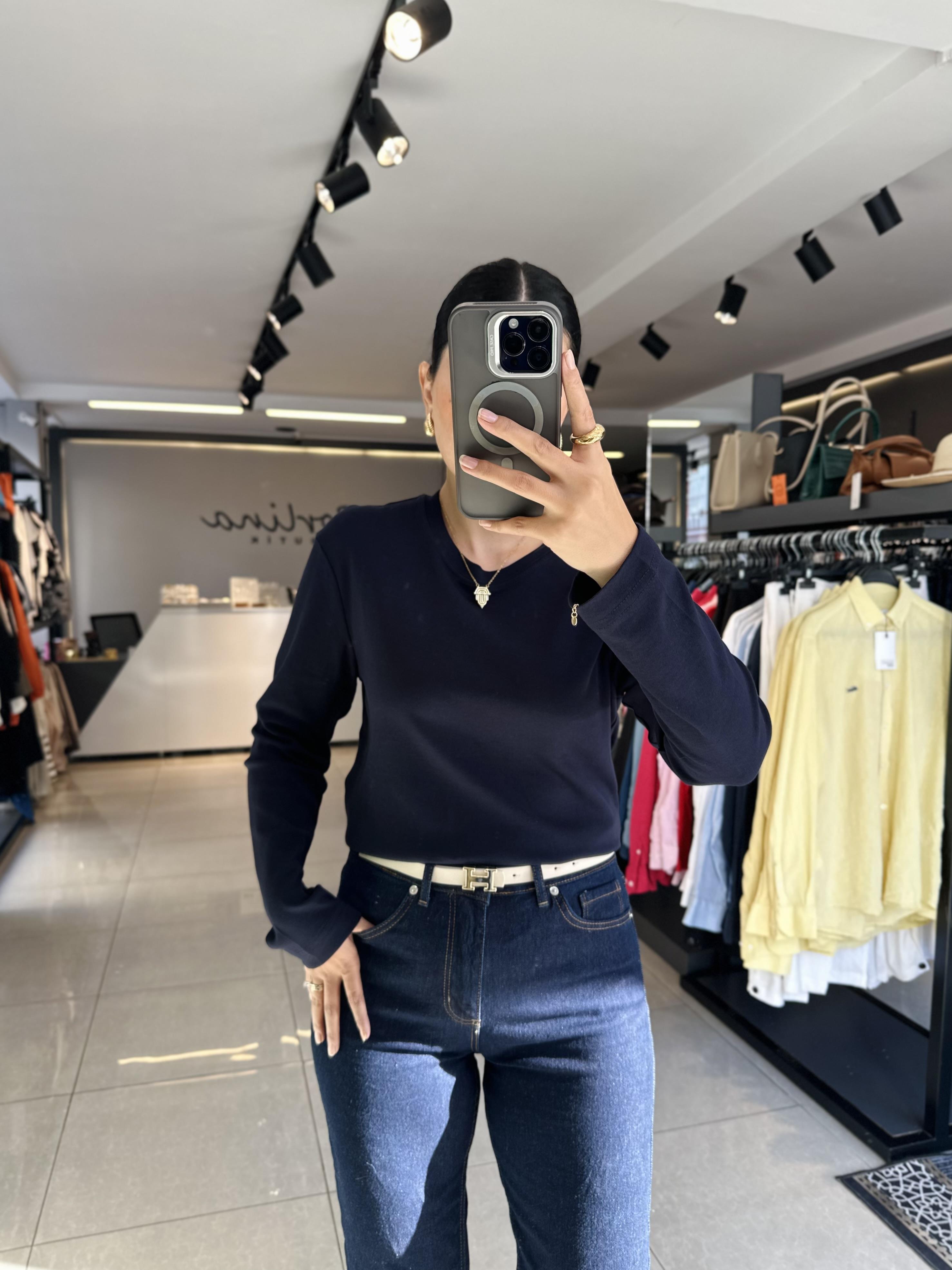 Lacivert Massimo Uzun Kol Basic Bluz