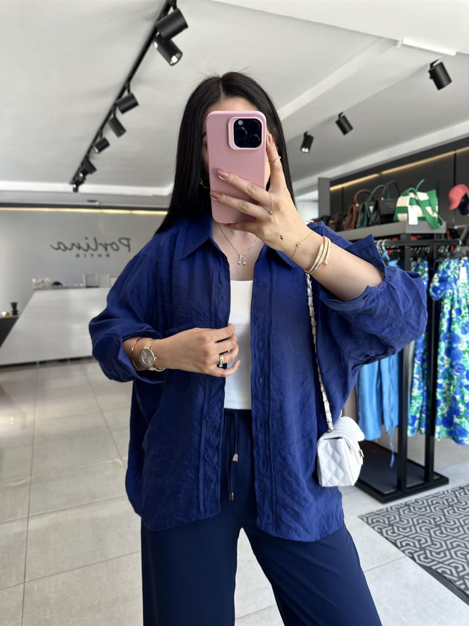 Lacivert Tensel Kumaş Düşük Omuzlu Oversize Gömlek